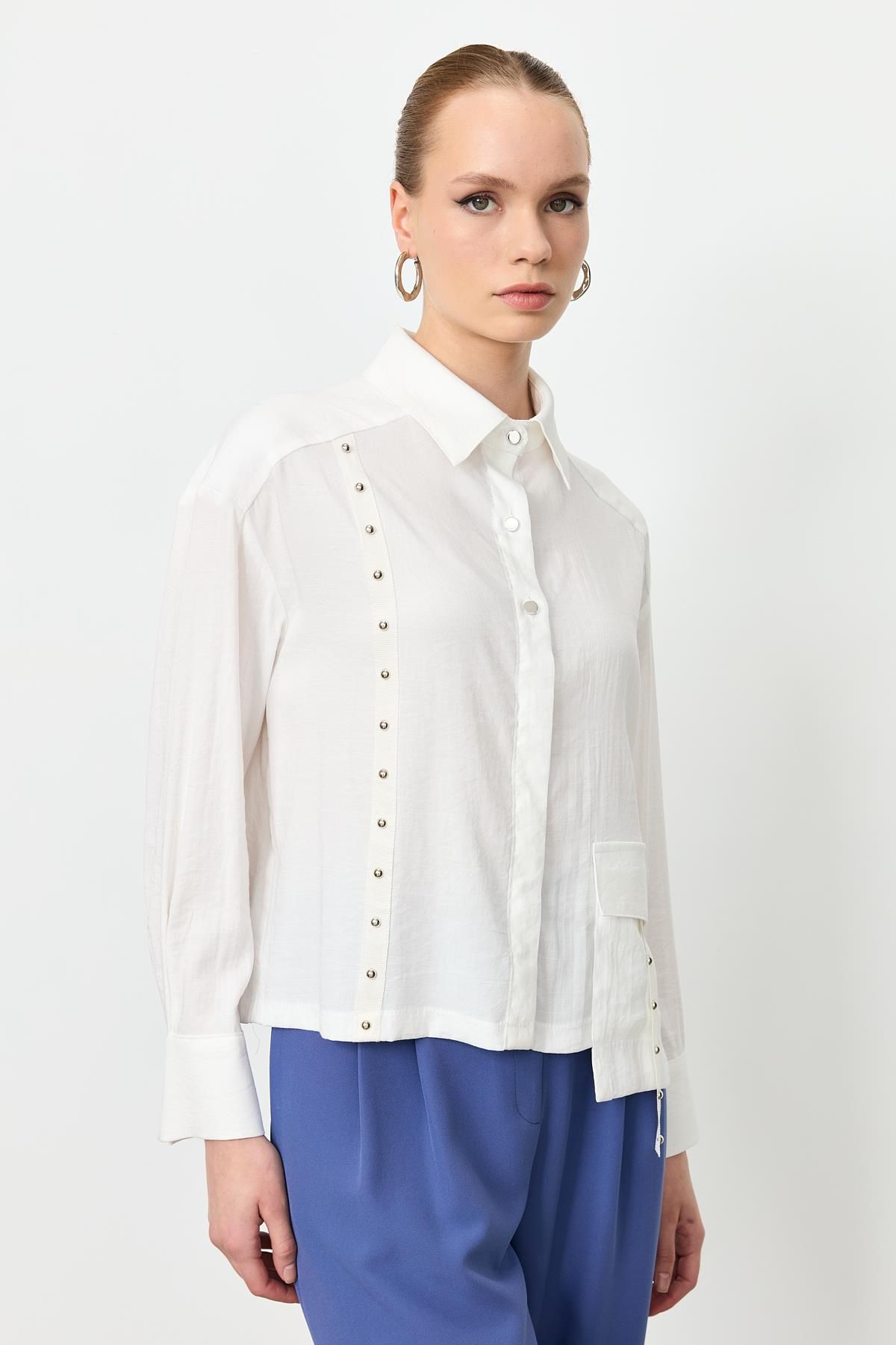 Zımba Şerit Detaylı Gömlek-EKRU