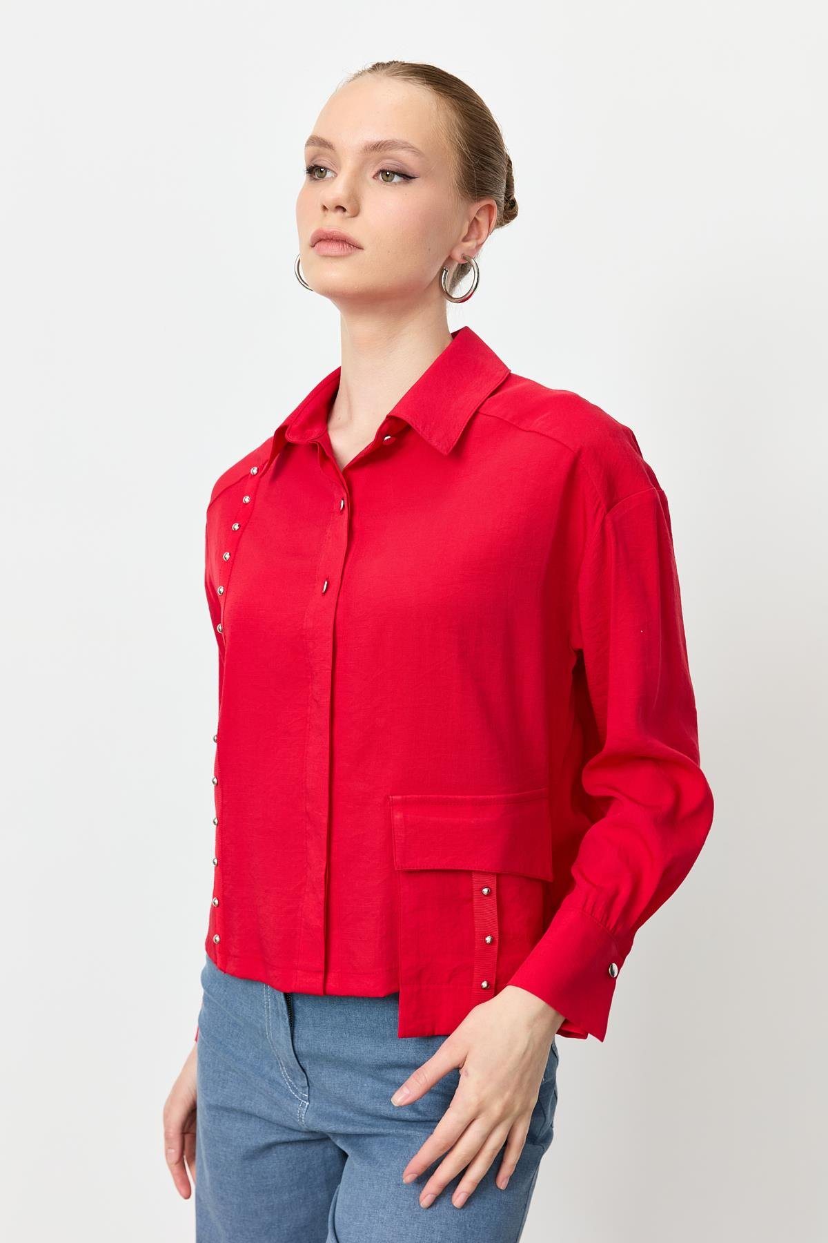 Zımba Şerit Detaylı Gömlek-KIRMIZI