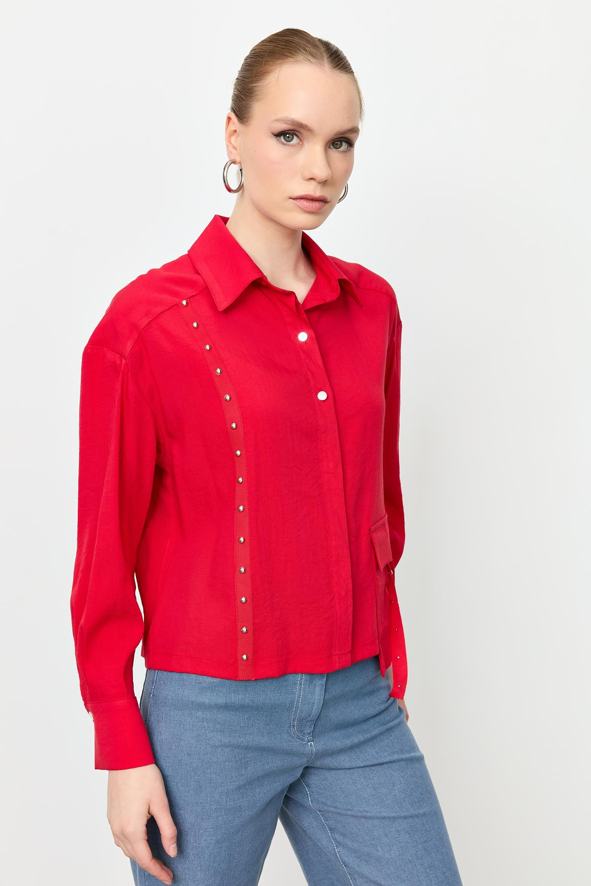Zımba Şerit Detaylı Gömlek-KIRMIZI