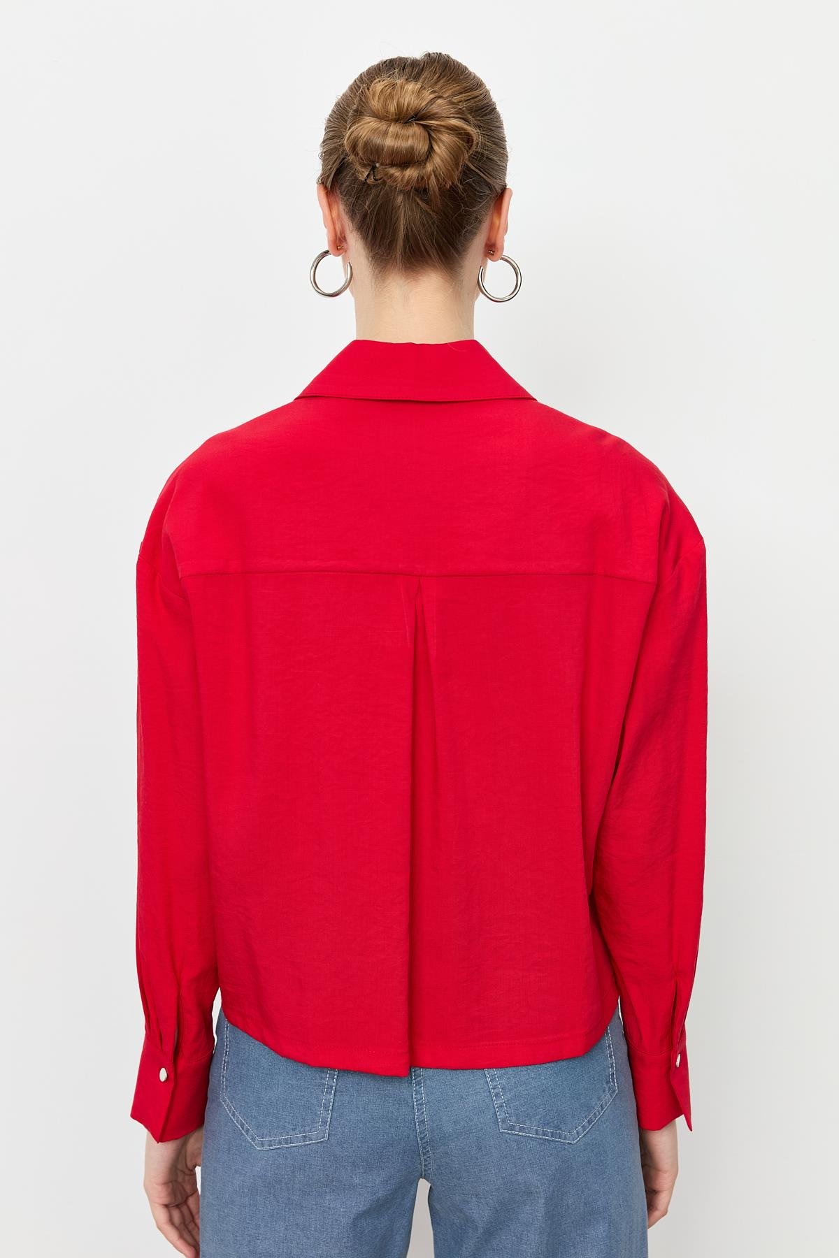 Zımba Şerit Detaylı Gömlek-KIRMIZI