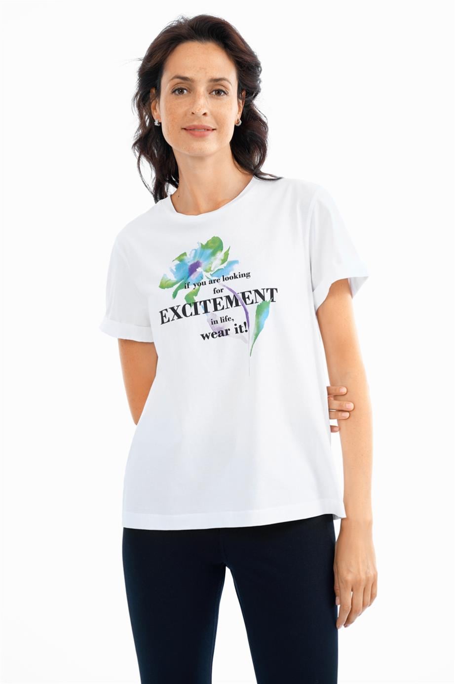Escada  Bisiklet Yaka Katlı Kol Baskılı Beyaz Pamuk T-shirt