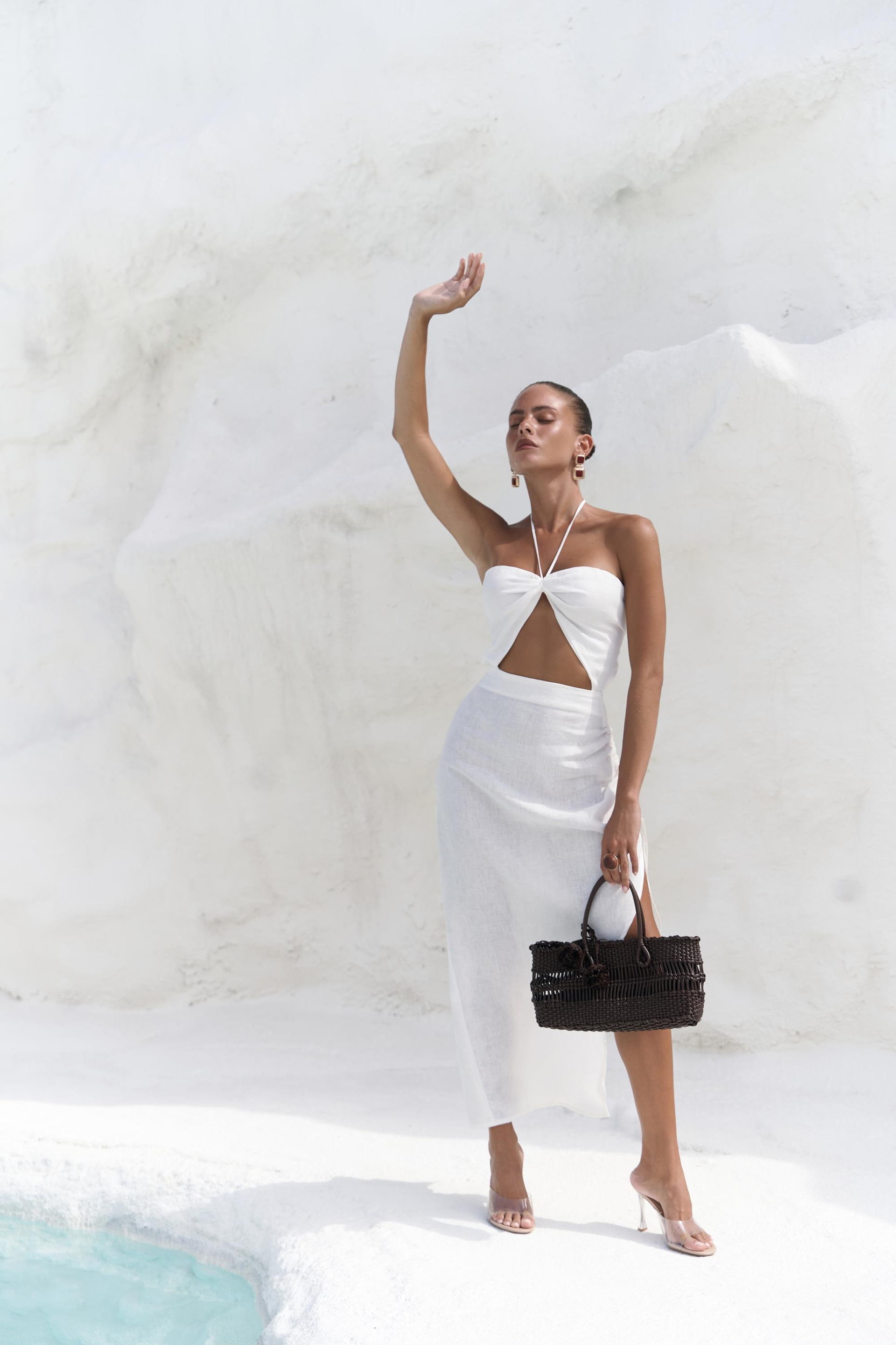 Abrossa Boyundan Bağcıklı Asimetrik Ekru Keten Elbise