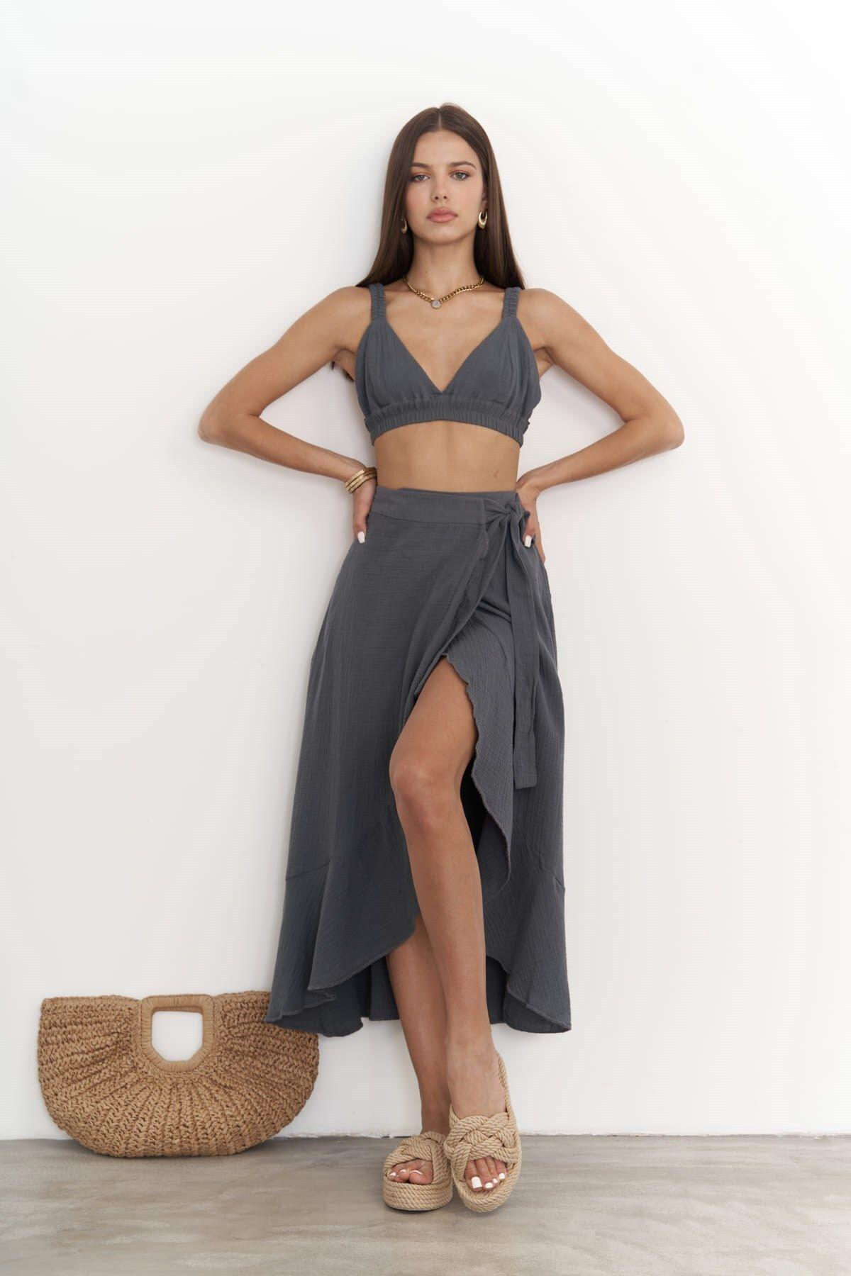 Bohemai Adelina Anthracite Muslin Crop-Skirt Set