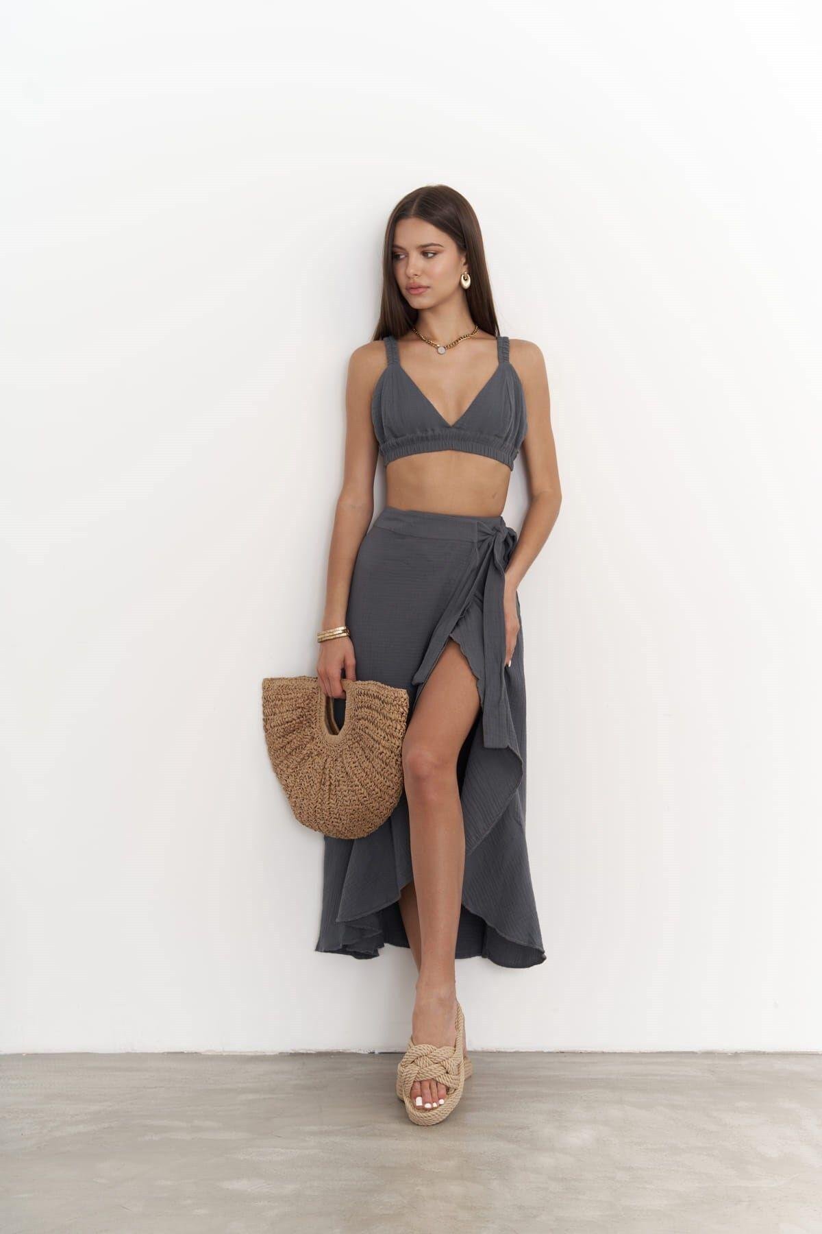 Bohemai Adelina Anthracite Muslin Crop-Skirt Set