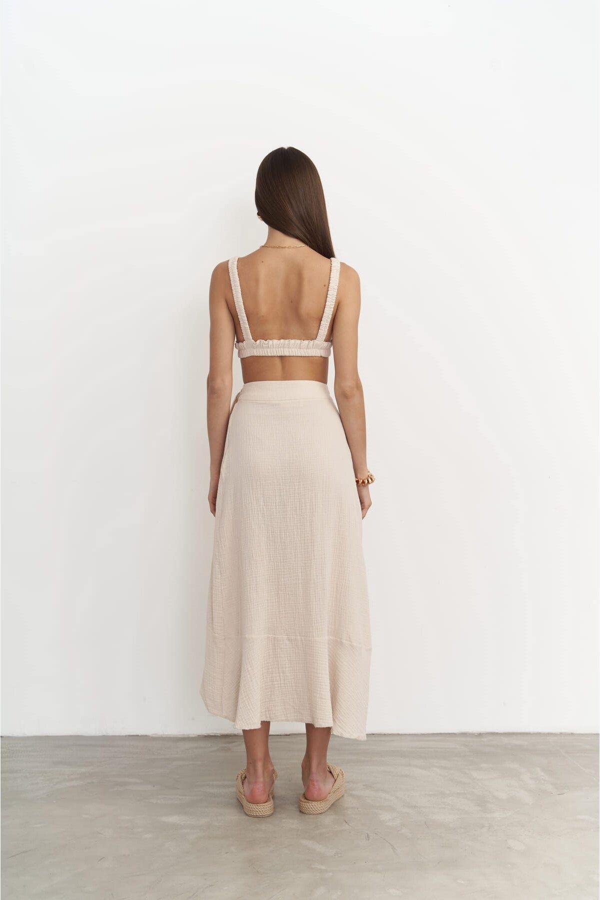 Bohemai Adelina Dark Beige Muslin Crop-Skirt Set