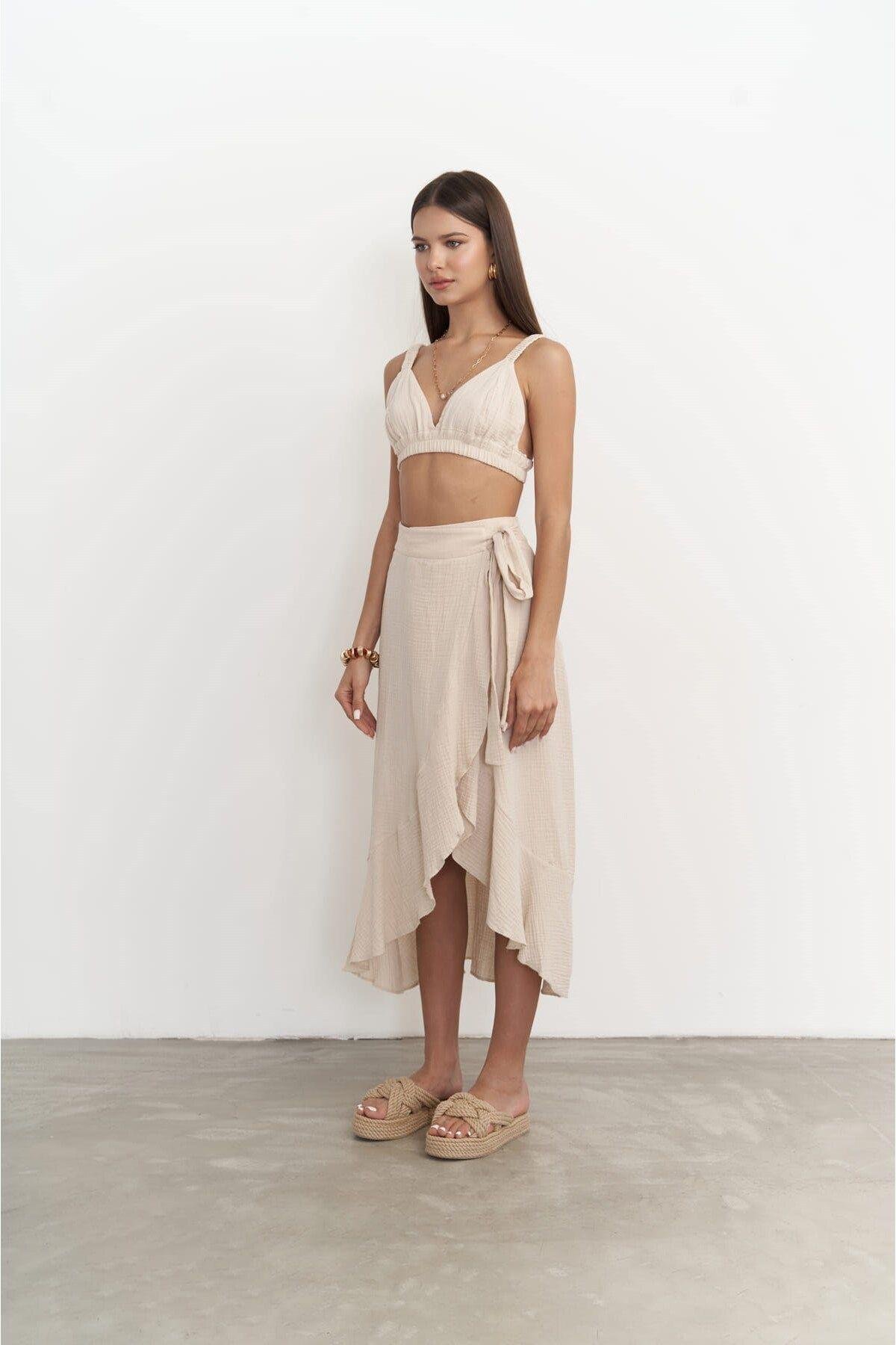 Bohemai Adelina Dark Beige Muslin Crop-Skirt Set