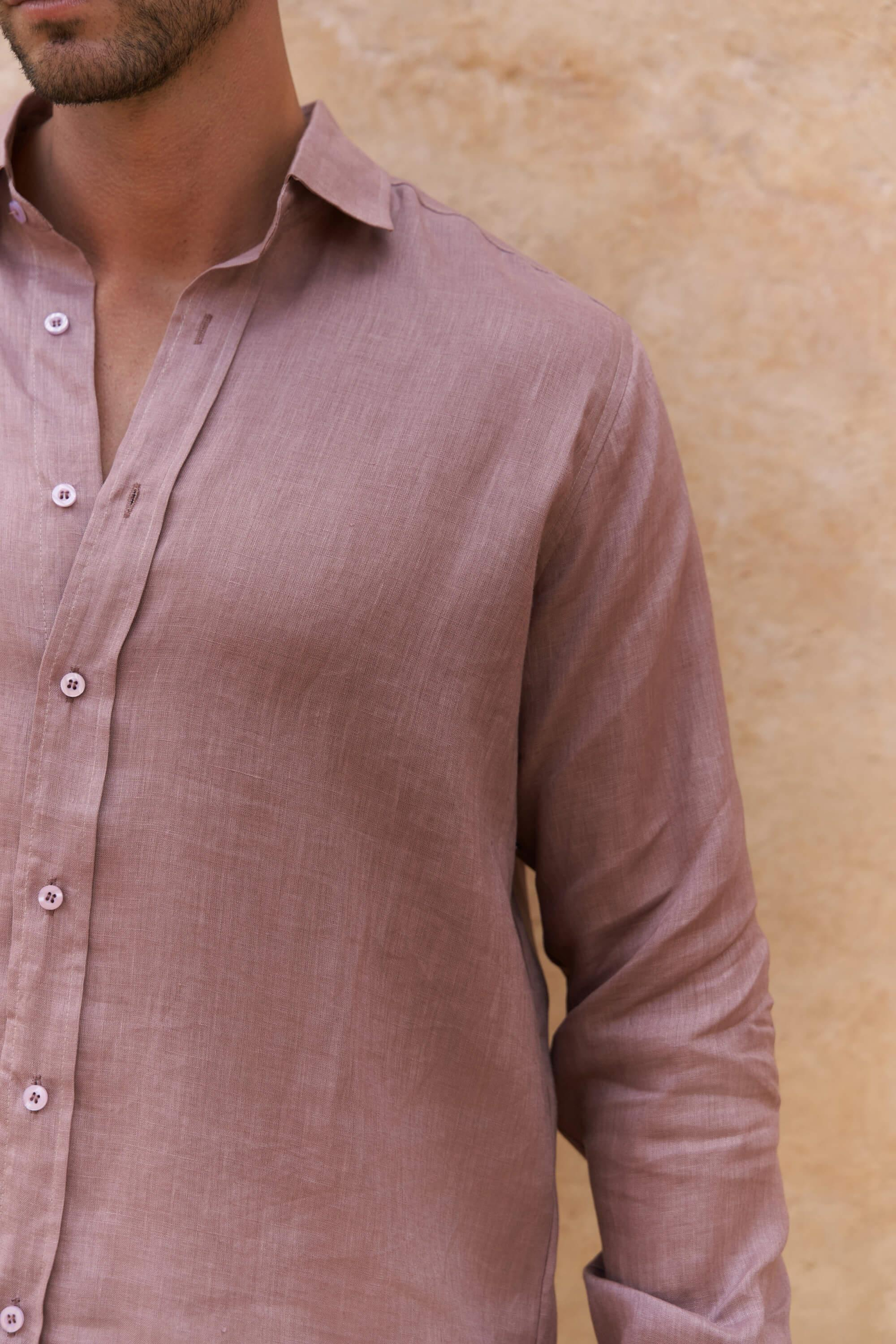 Agnola Oversize Erkek Açık Bordo Keten Gömlek 