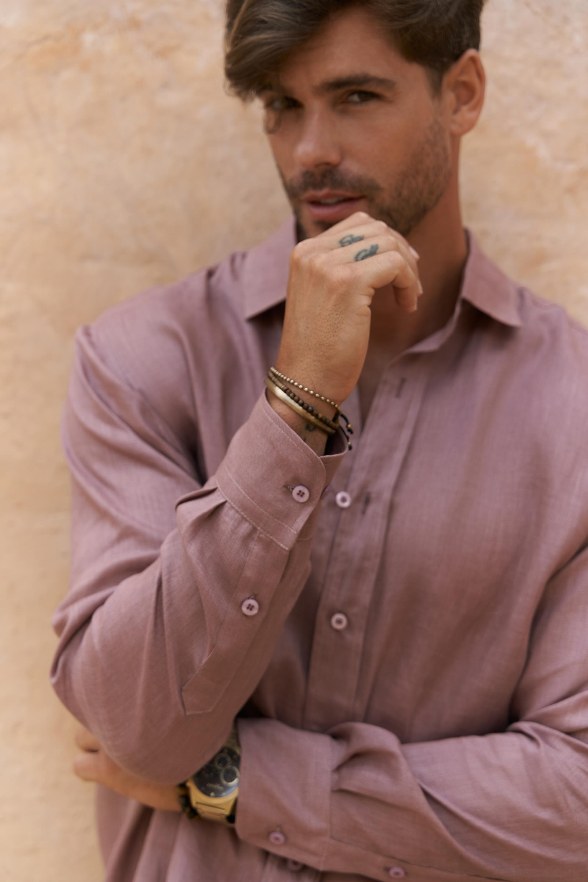 Agnola Oversize Erkek Açık Bordo Keten Gömlek 