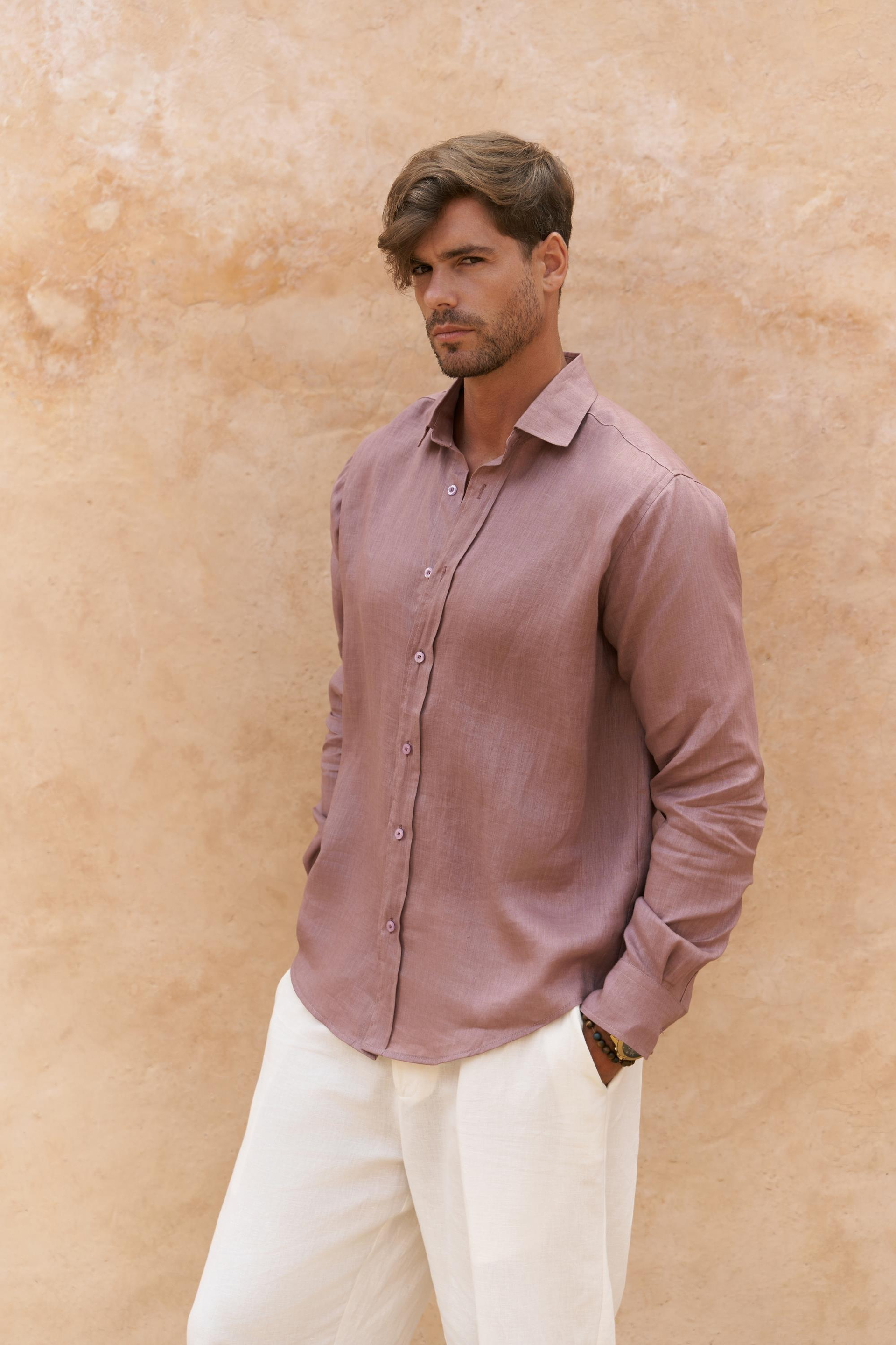 Agnola Oversize Erkek Açık Bordo Keten Gömlek 