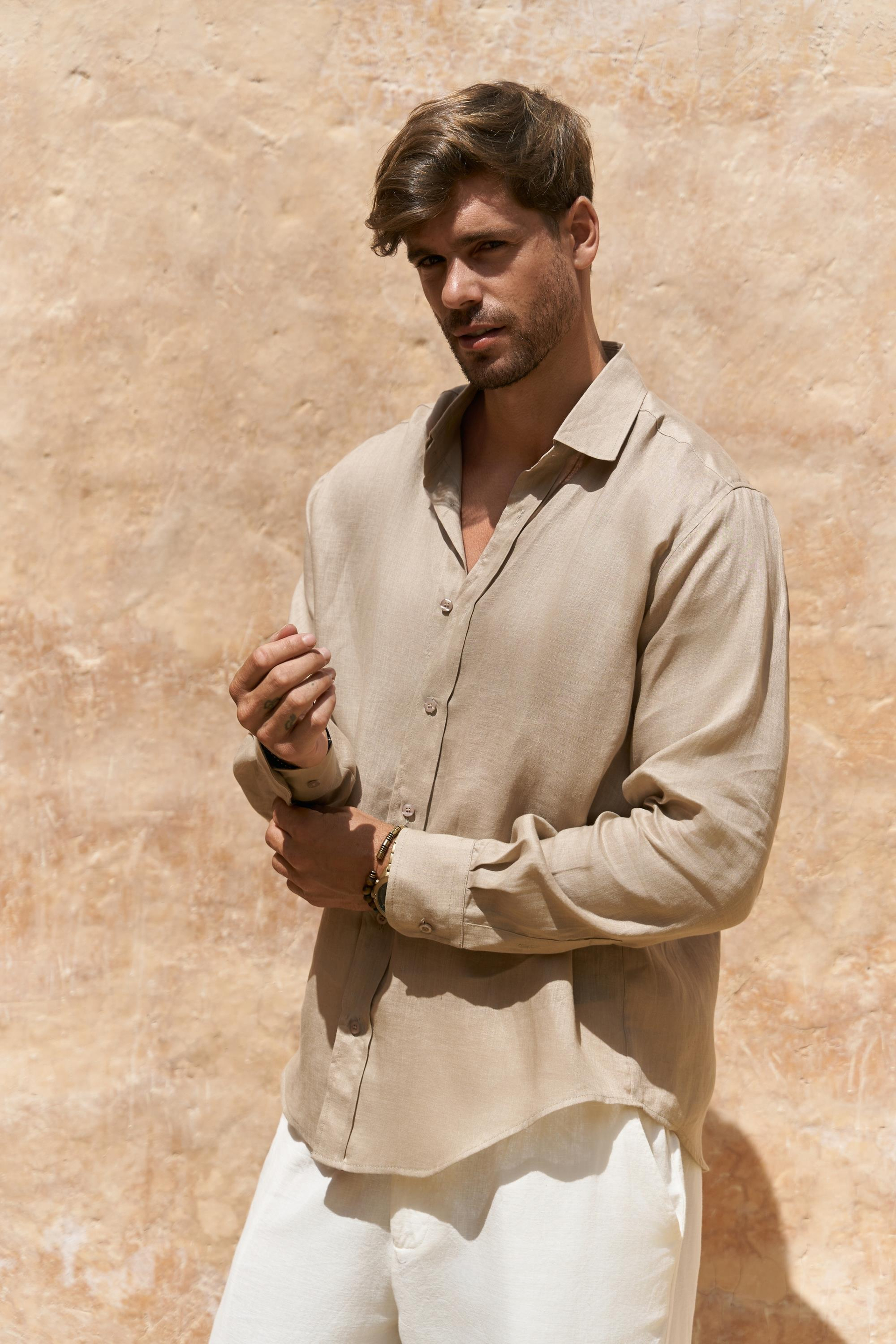 Agnola Oversize Erkek Bej Keten Gömlek 