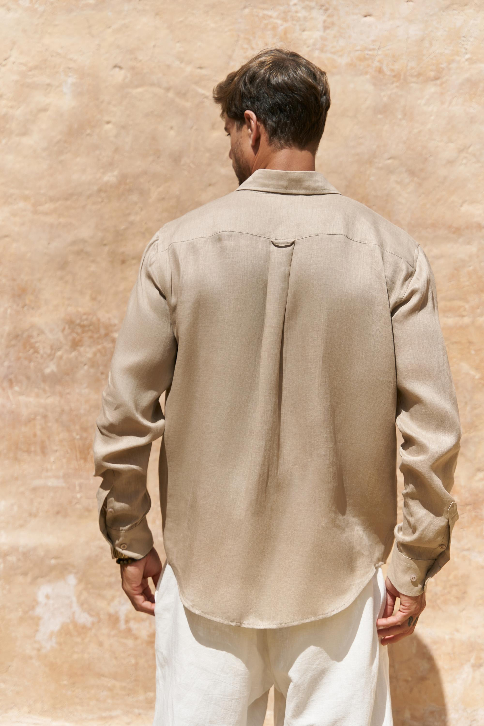 Agnola Oversize Erkek Bej Keten Gömlek 