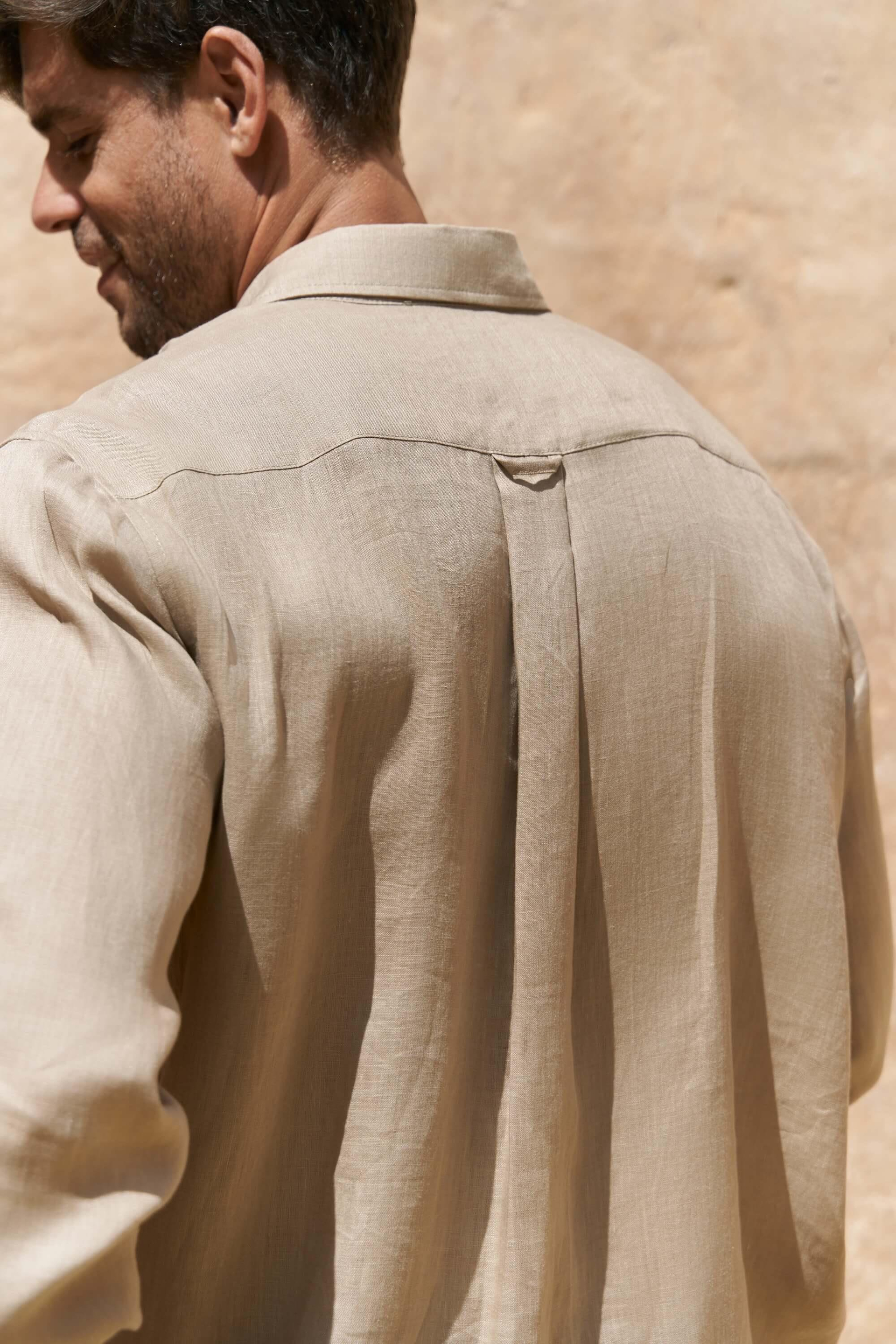 Agnola Oversize Erkek Bej Keten Gömlek 