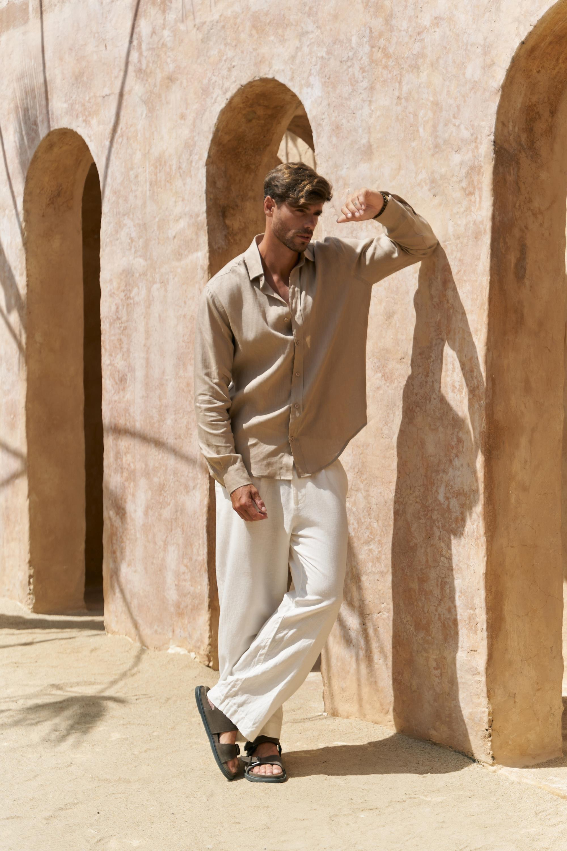 Agnola Oversize Erkek Bej Keten Gömlek 