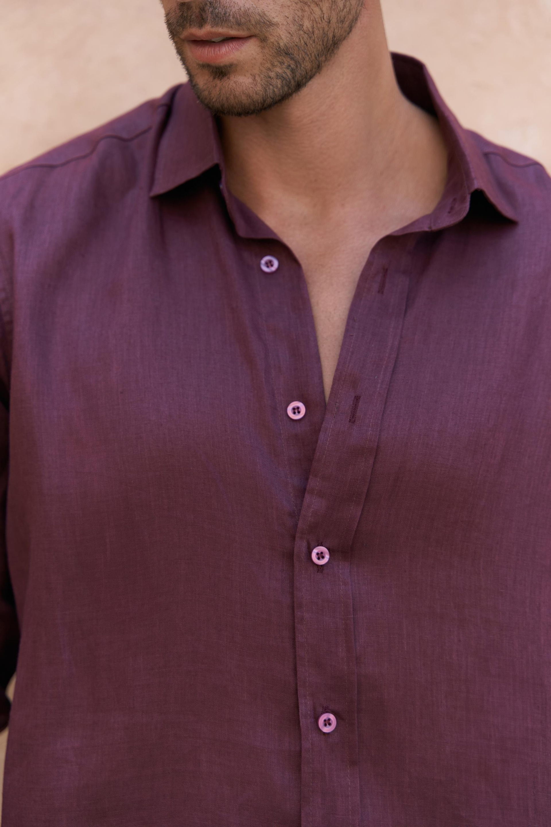 Agnola Oversize Erkek Bordo Keten Gömlek