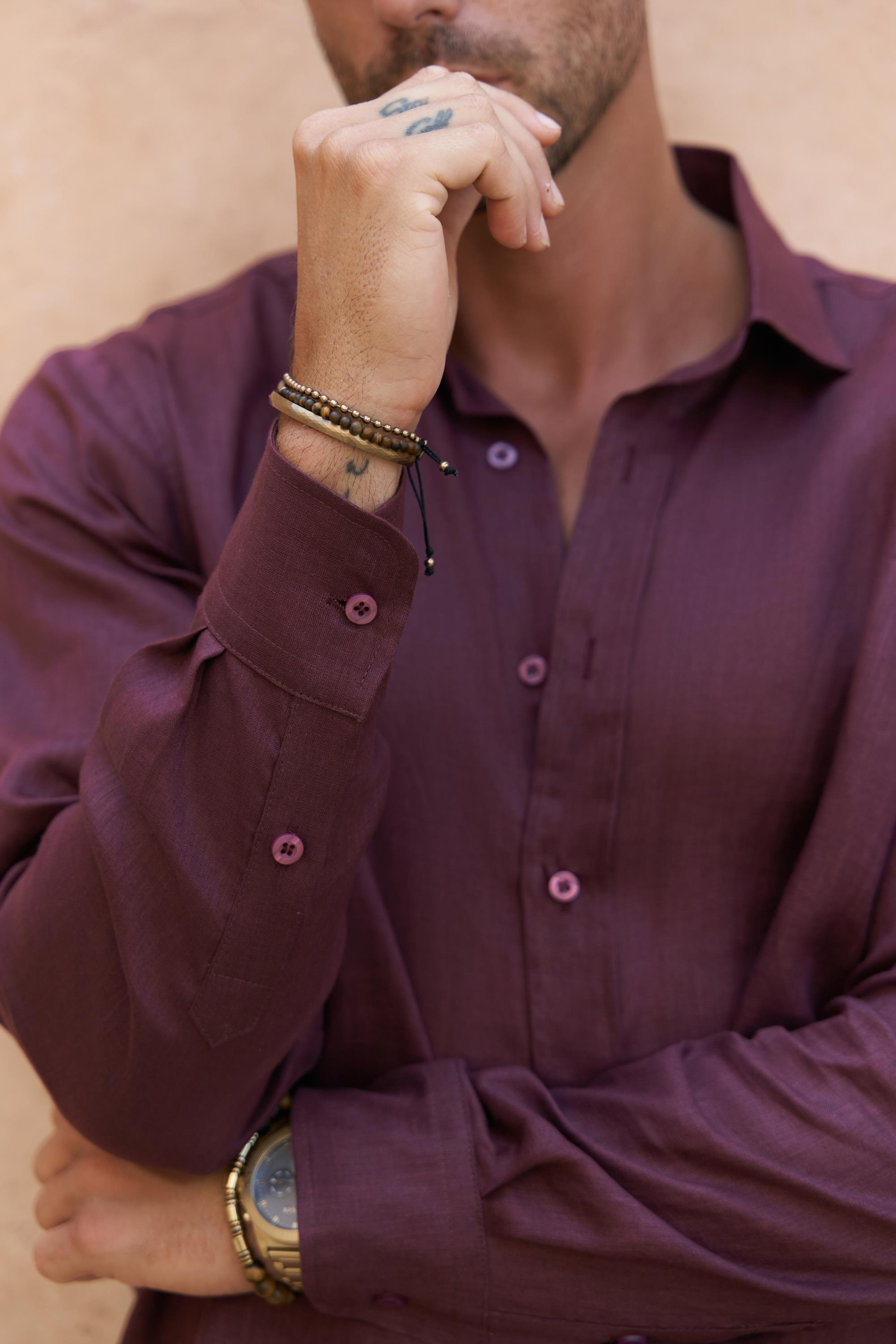 Agnola Oversize Erkek Bordo Keten Gömlek