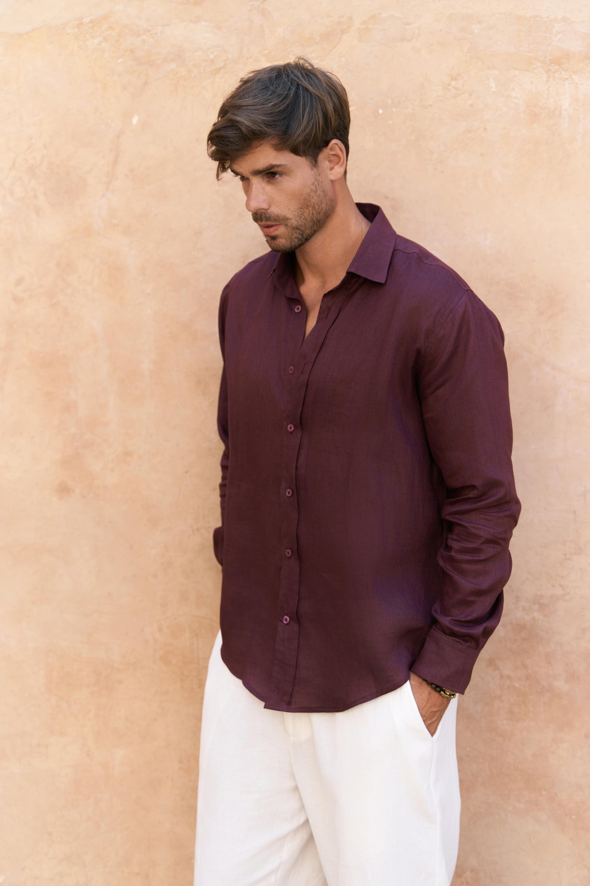 Agnola Oversize Erkek Bordo Keten Gömlek