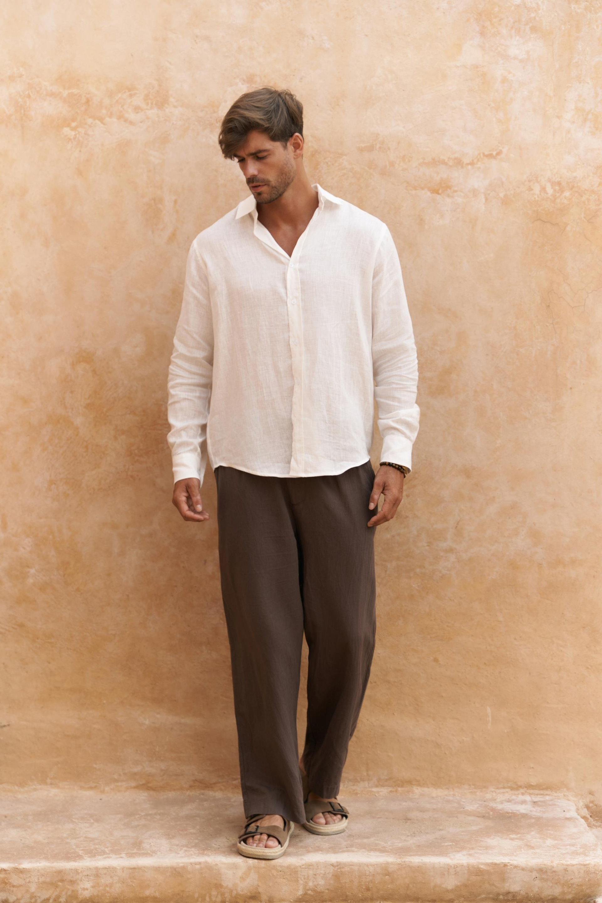 Agnola Oversize Erkek Ekru Keten Gömlek