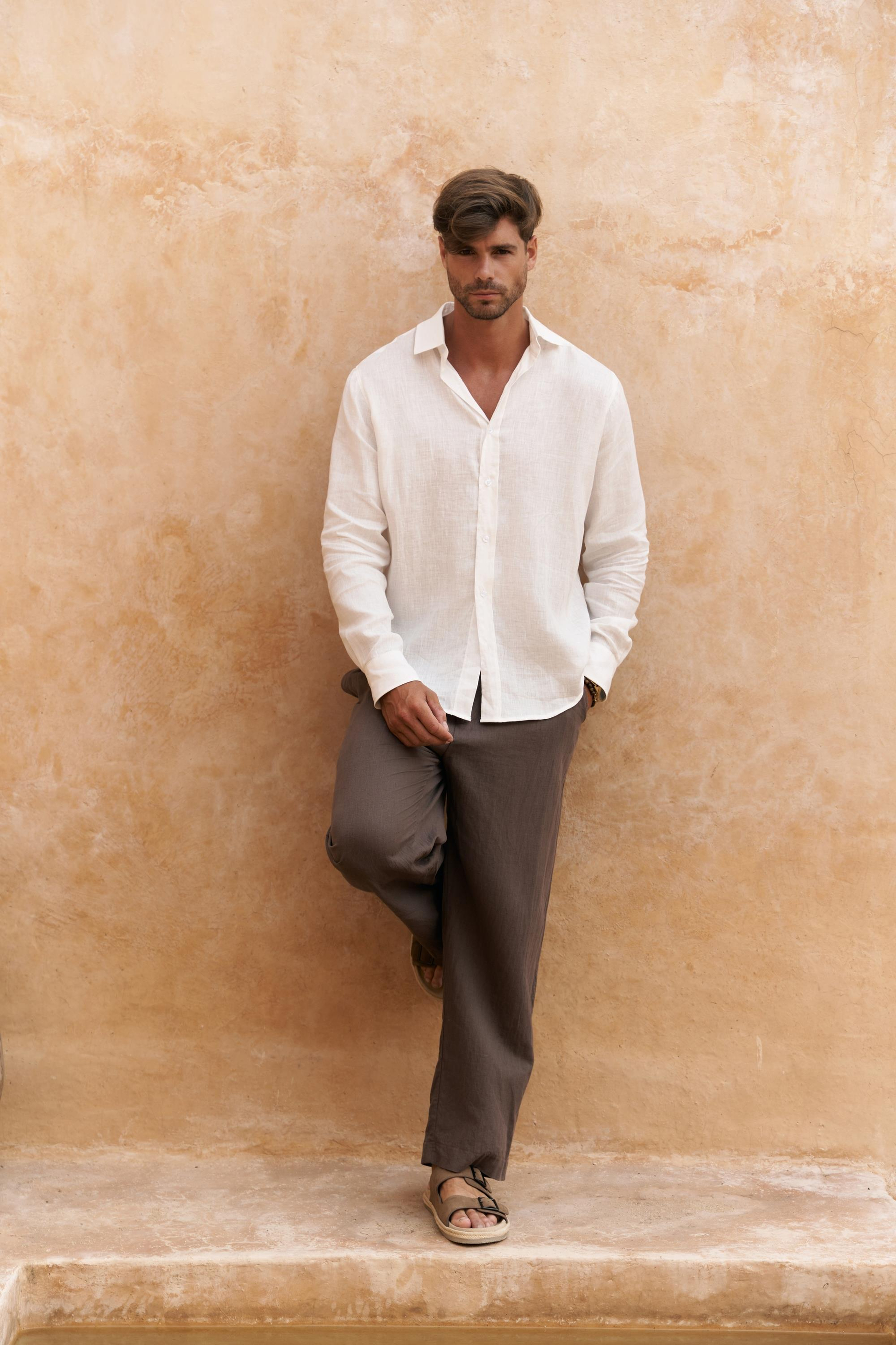 Agnola Oversize Erkek Ekru Keten Gömlek