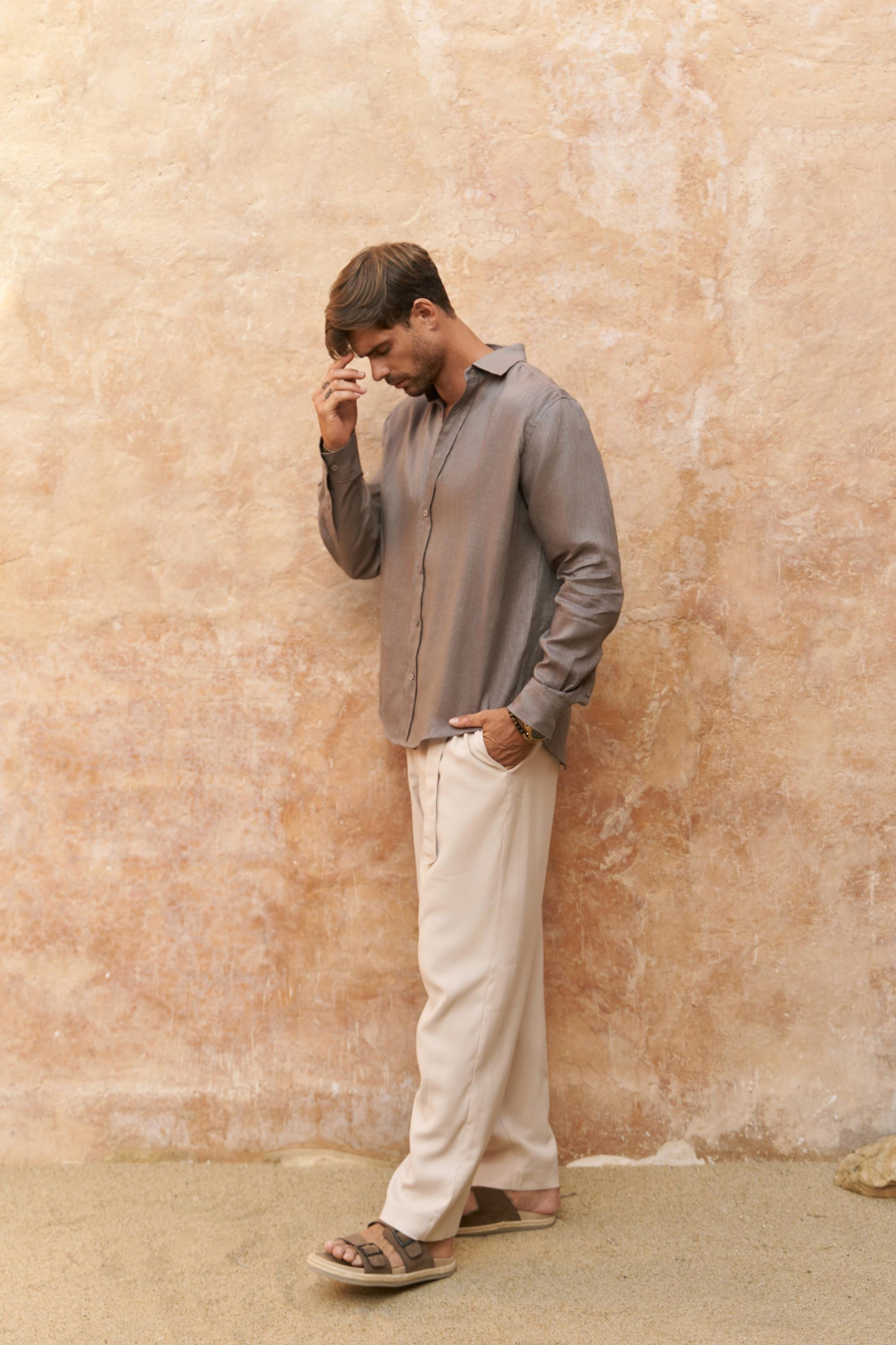 Agnola Oversize Erkek Füme Keten Gömlek