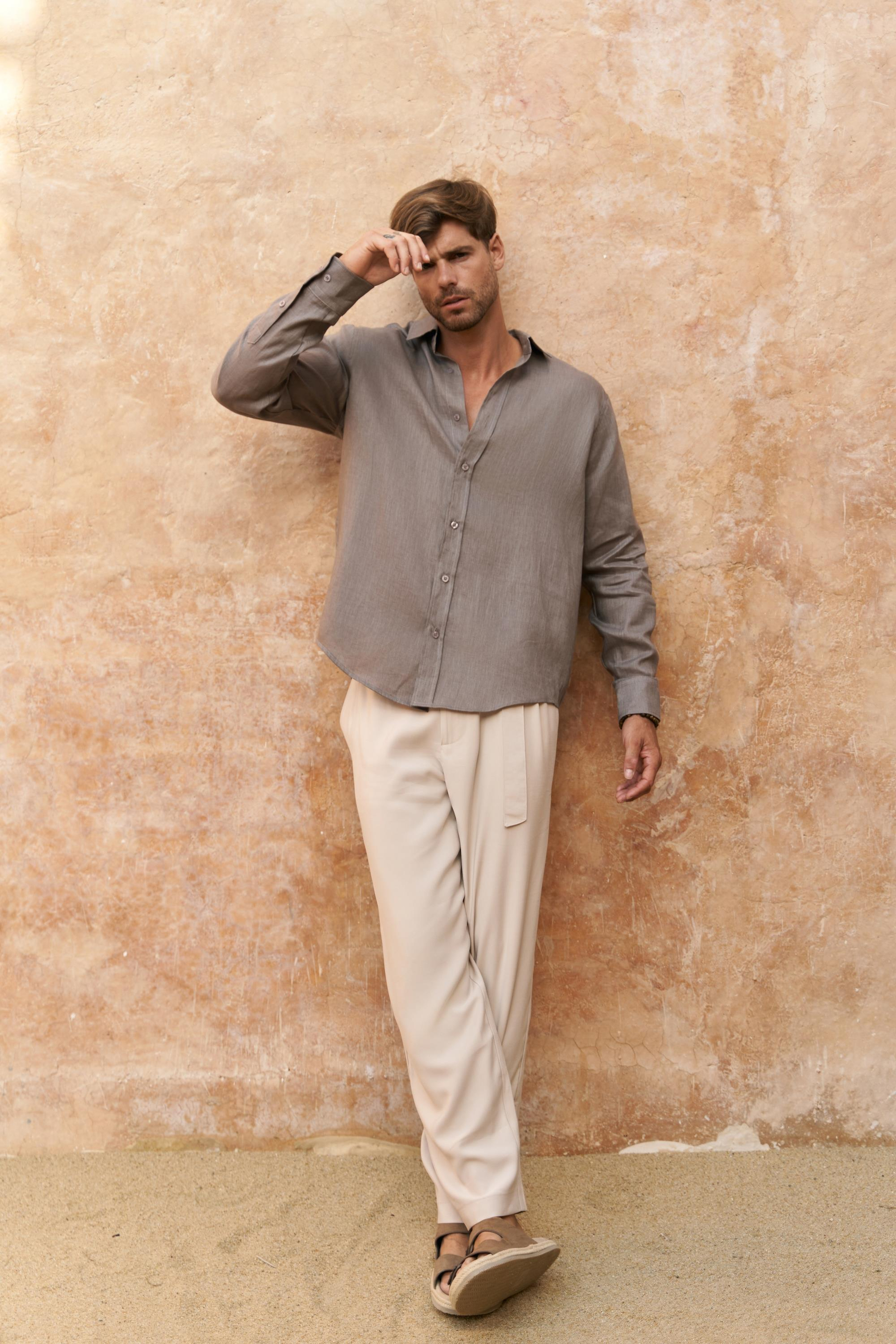 Agnola Oversize Erkek Füme Keten Gömlek