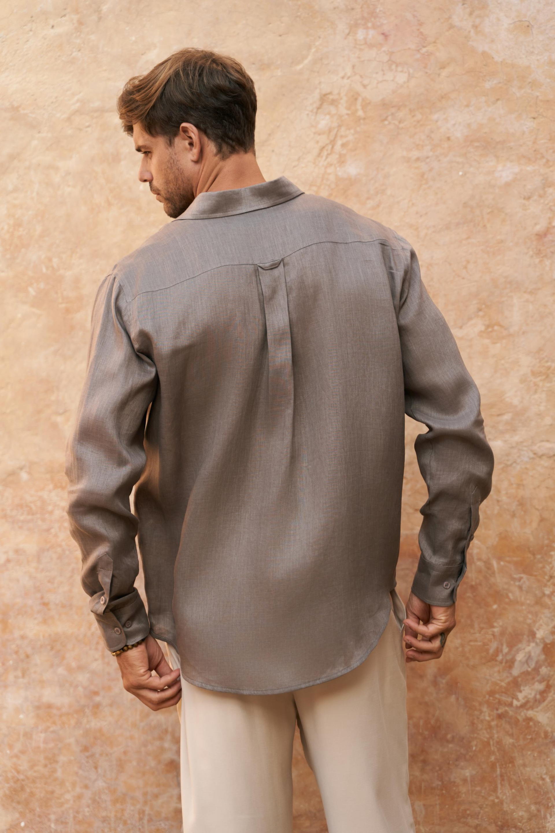 Agnola Oversize Erkek Füme Keten Gömlek