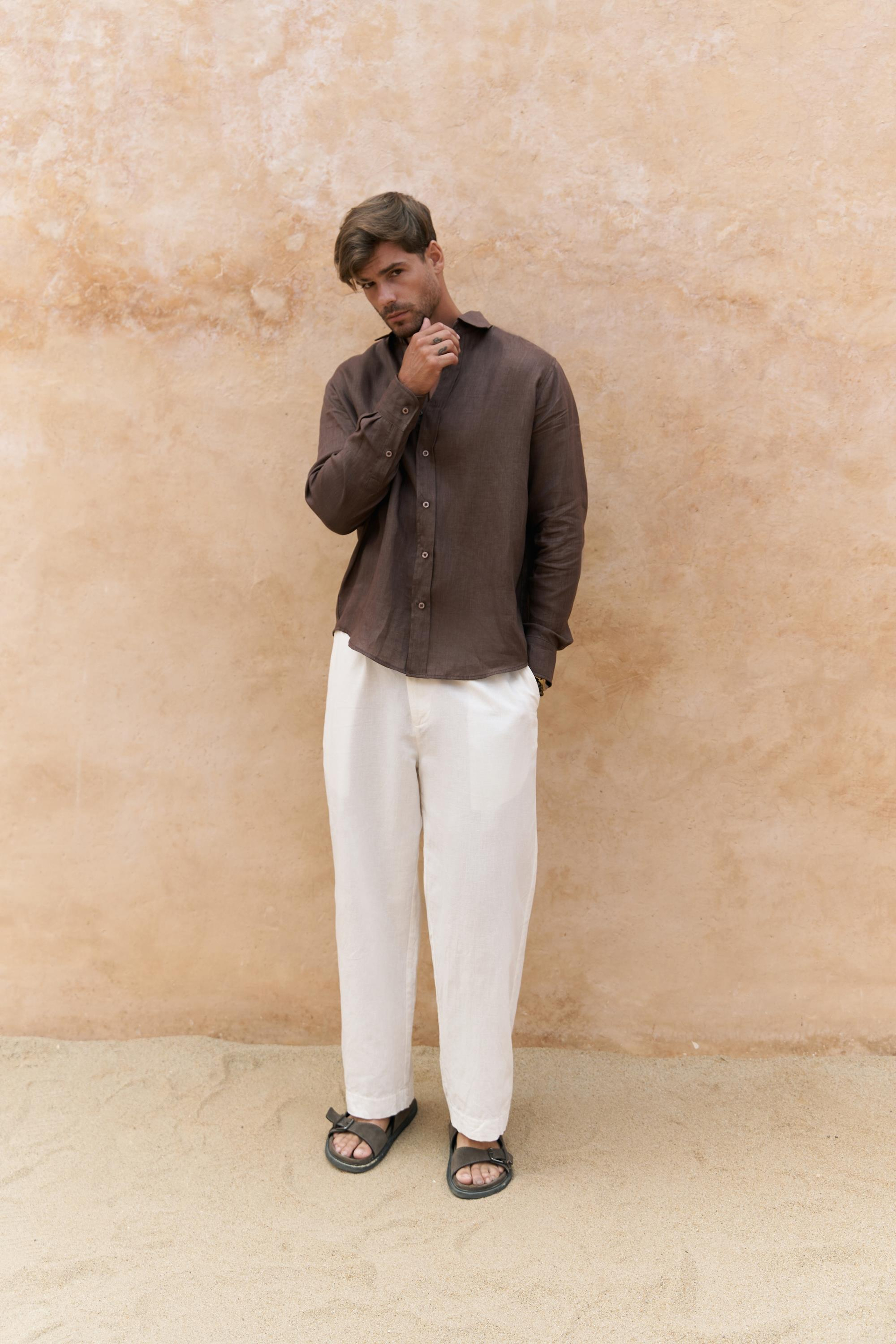 Agnola Oversize Erkek Kahve Keten Gömlek