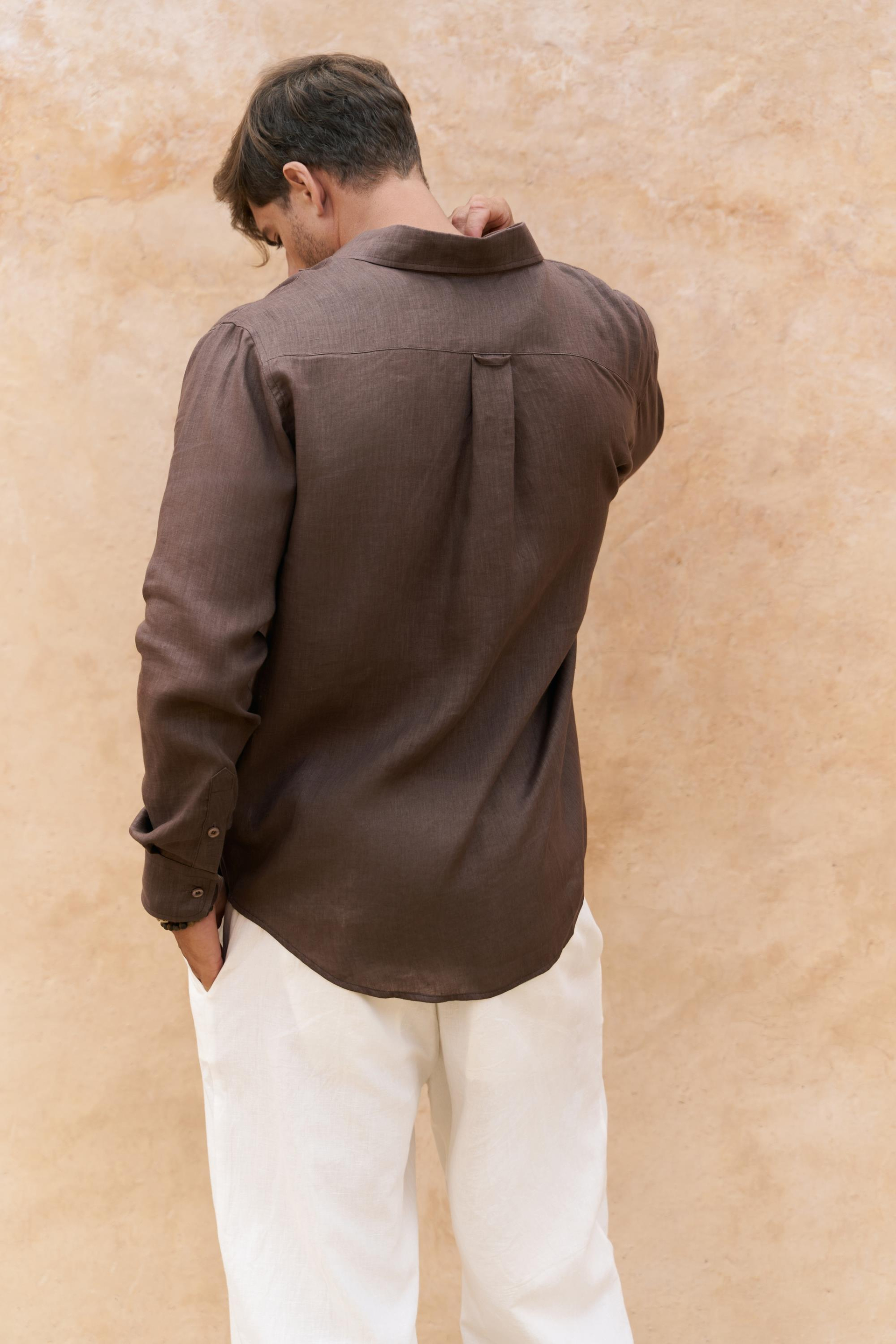 Agnola Oversize Erkek Kahve Keten Gömlek