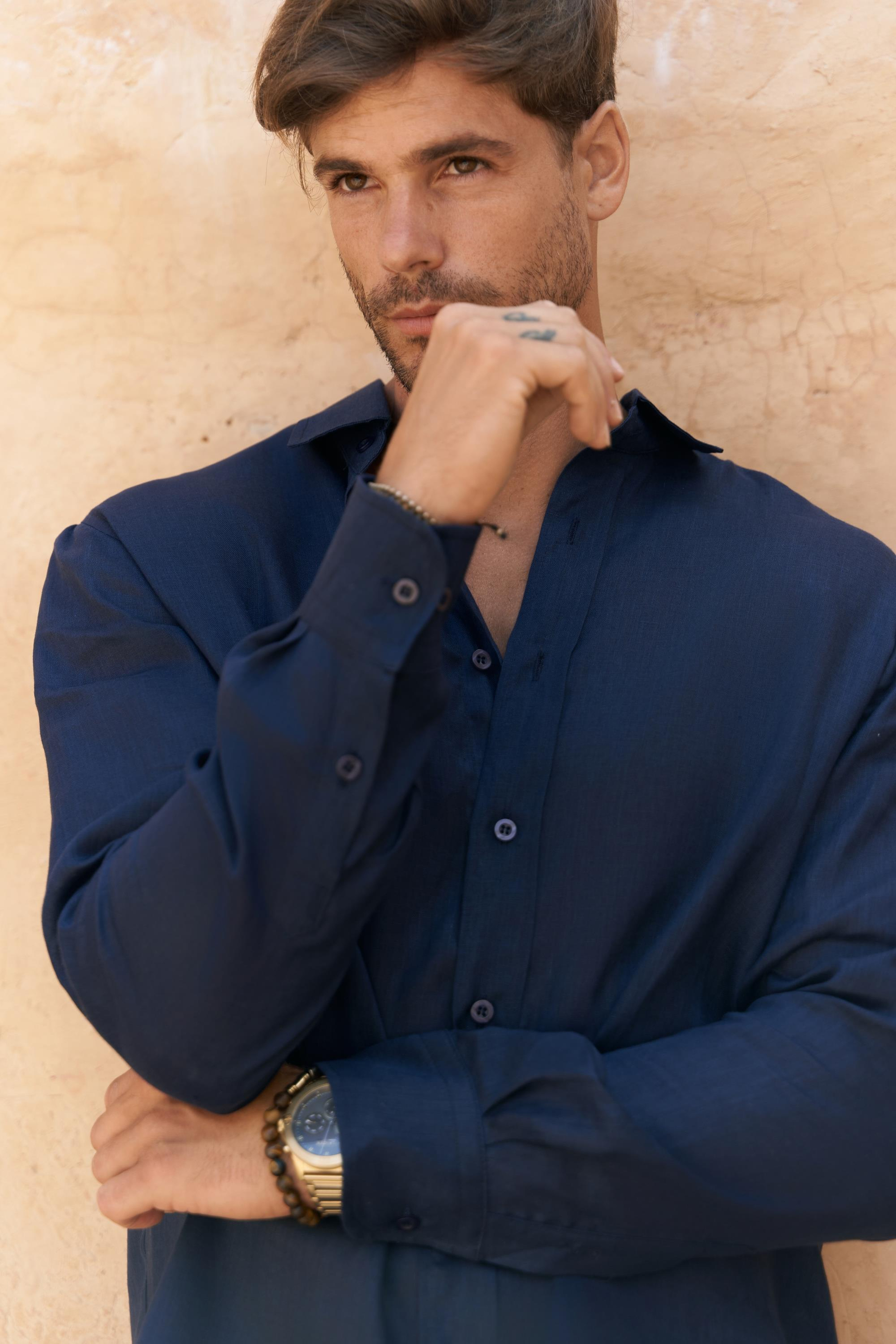 Agnola Oversize Erkek Lacivert Keten Gömlek