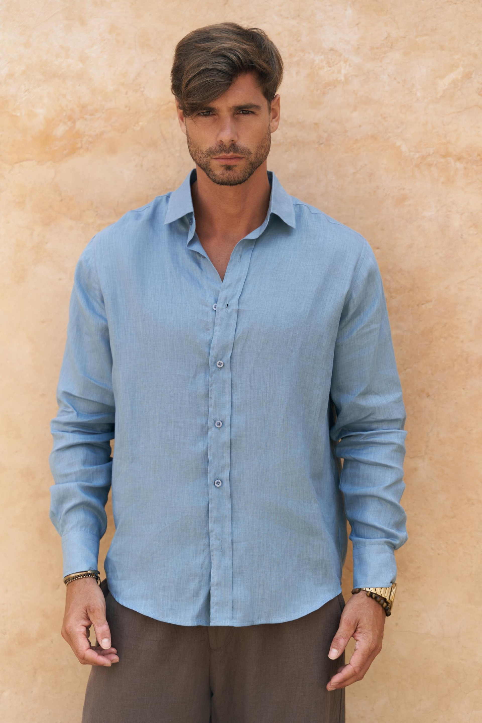 Agnola Oversize Erkek Mavi Keten Gömlek