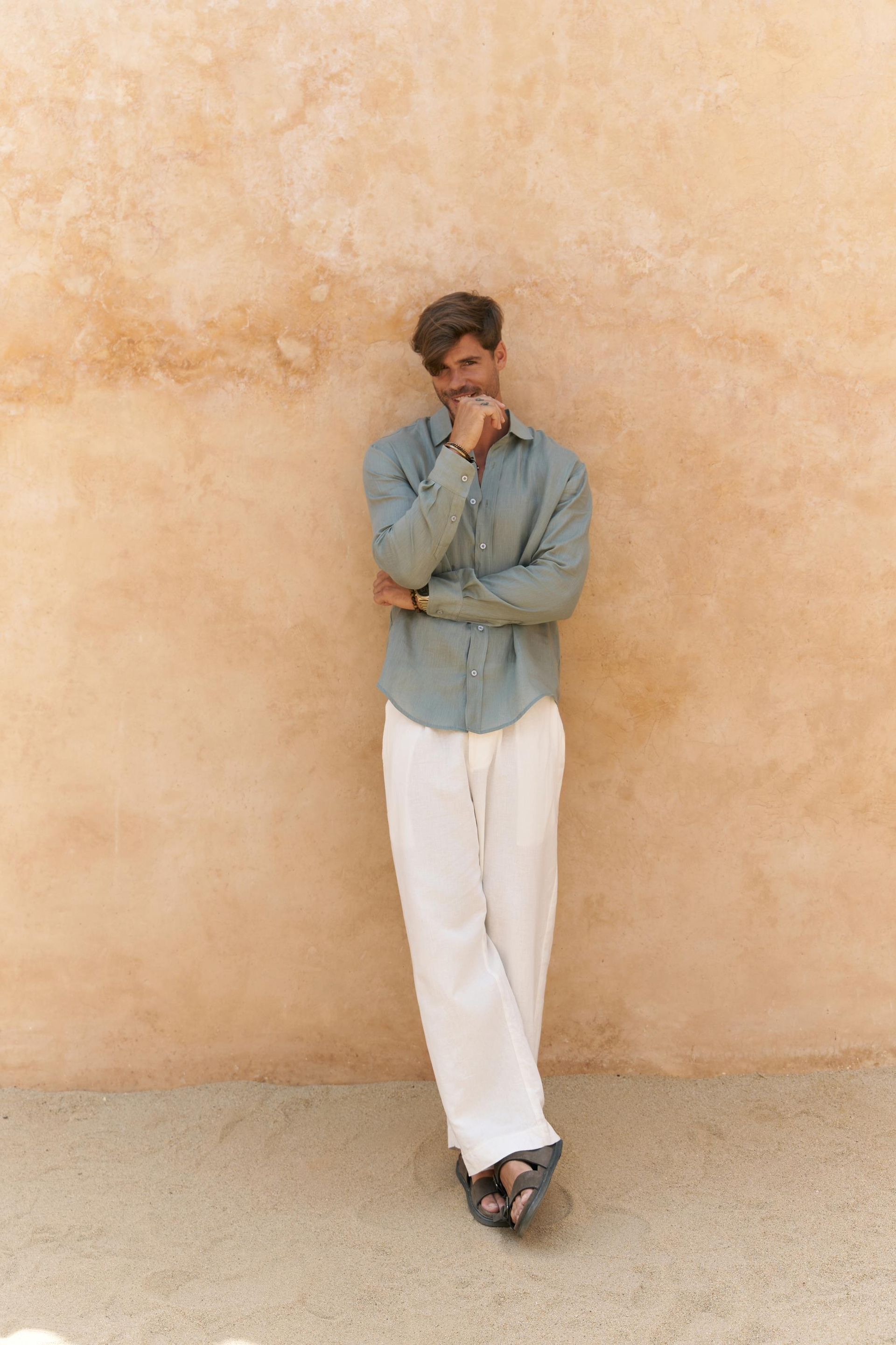 Agnola Oversize Erkek Mint Keten Gömlek