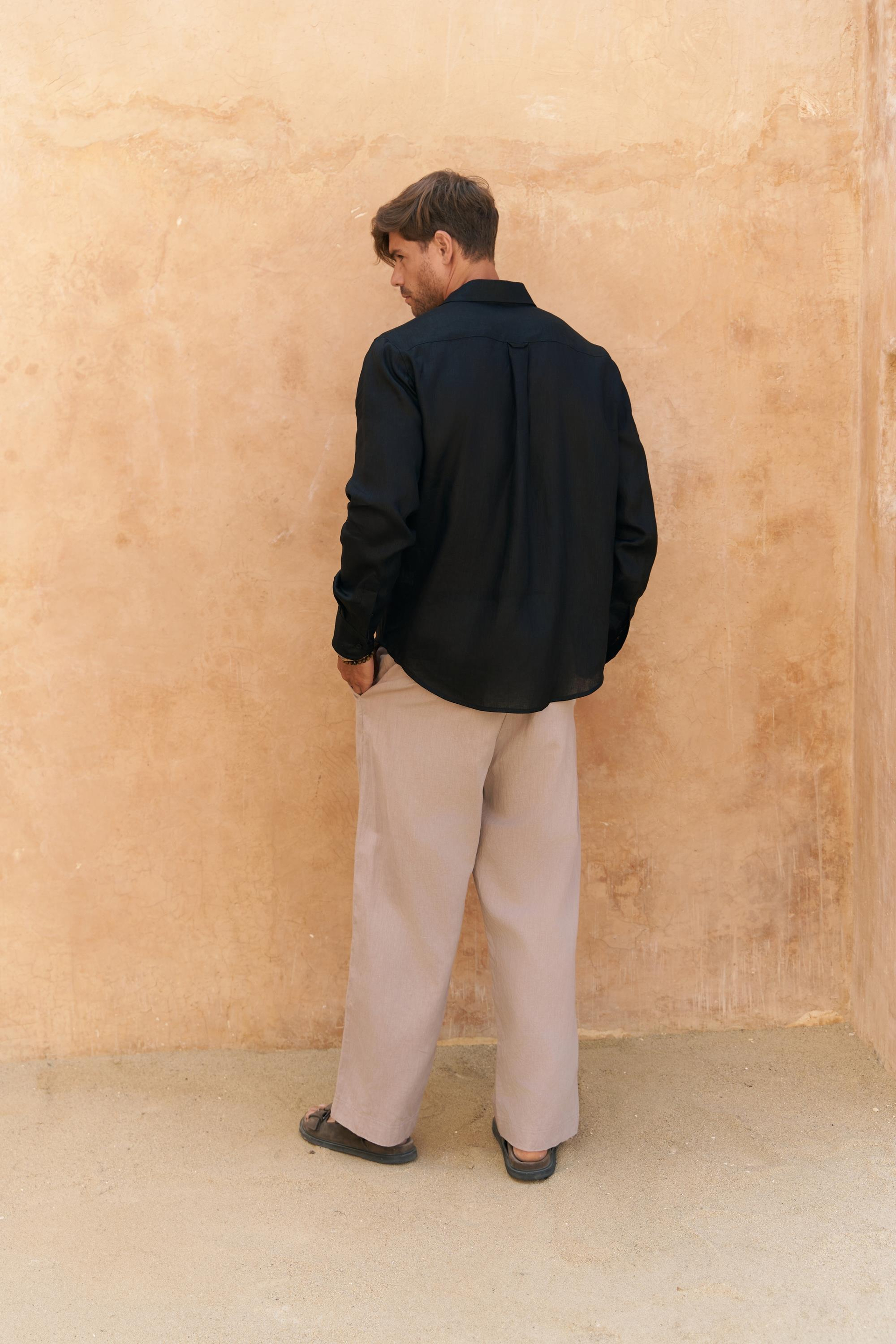 Agnola Oversize Erkek Siyah Keten Gömlek 