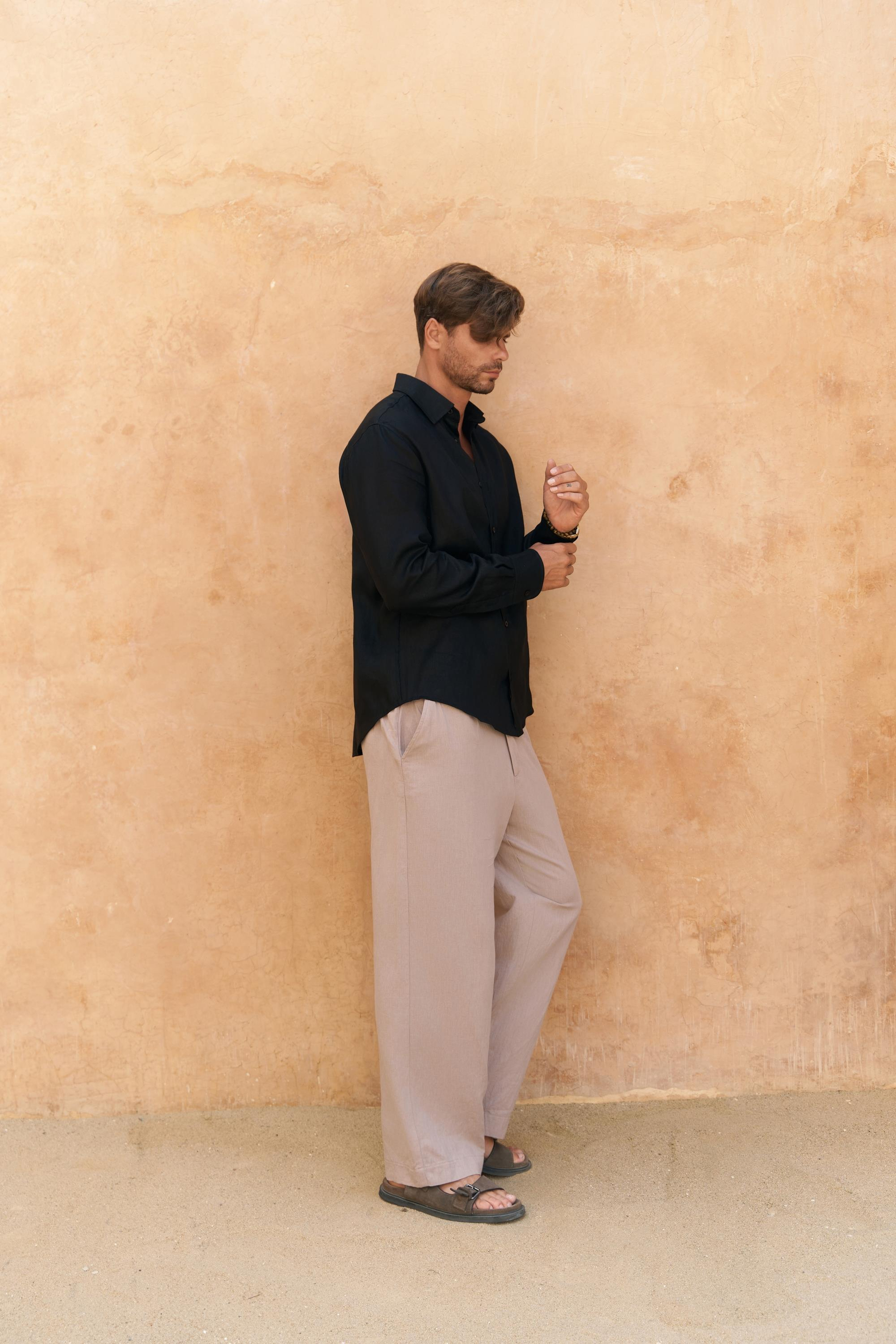 Agnola Oversize Erkek Siyah Keten Gömlek 