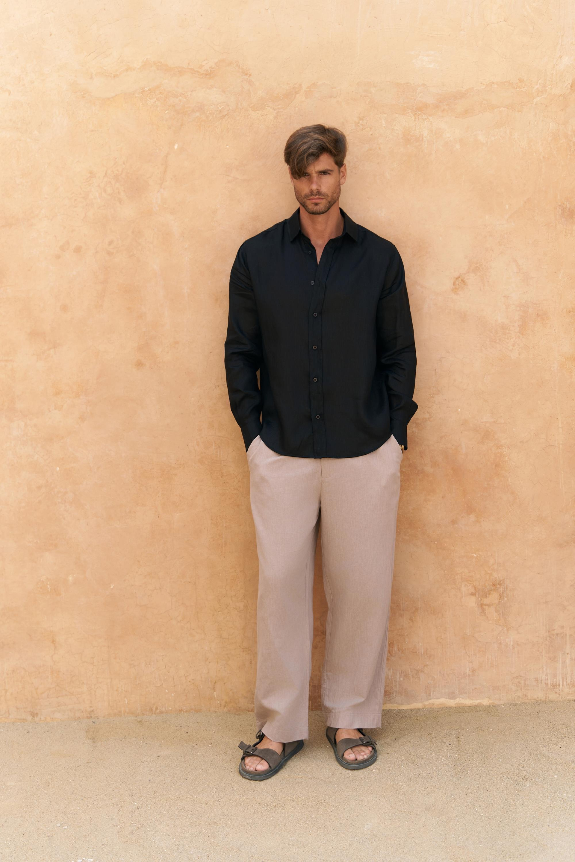 Agnola Oversize Erkek Siyah Keten Gömlek 