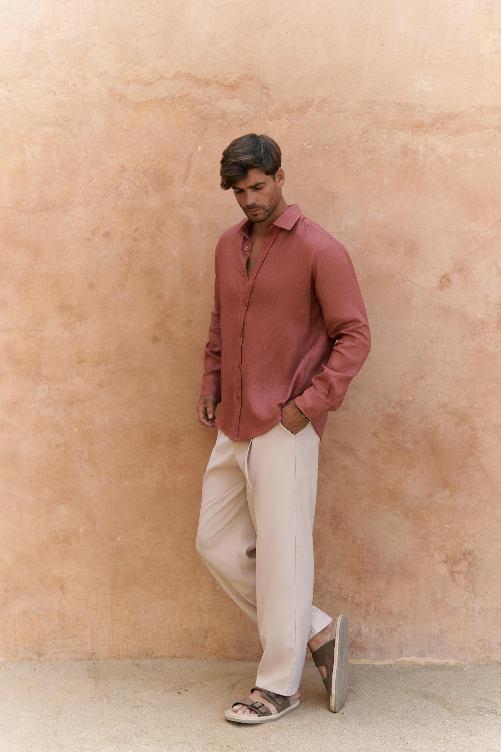 Agnola Oversize Erkek Tarçın Keten Gömlek