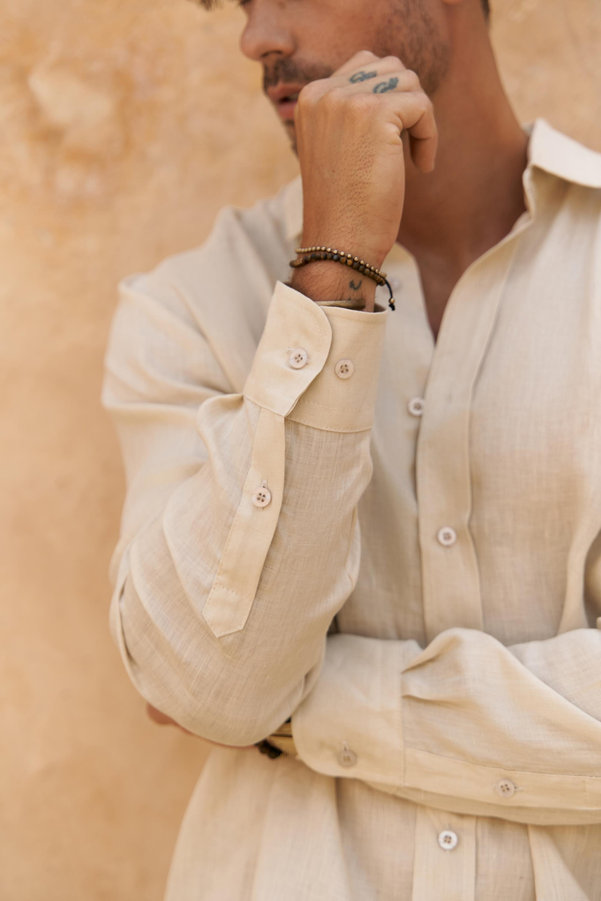 Agnola Oversize Erkek Taş Keten Gömlek