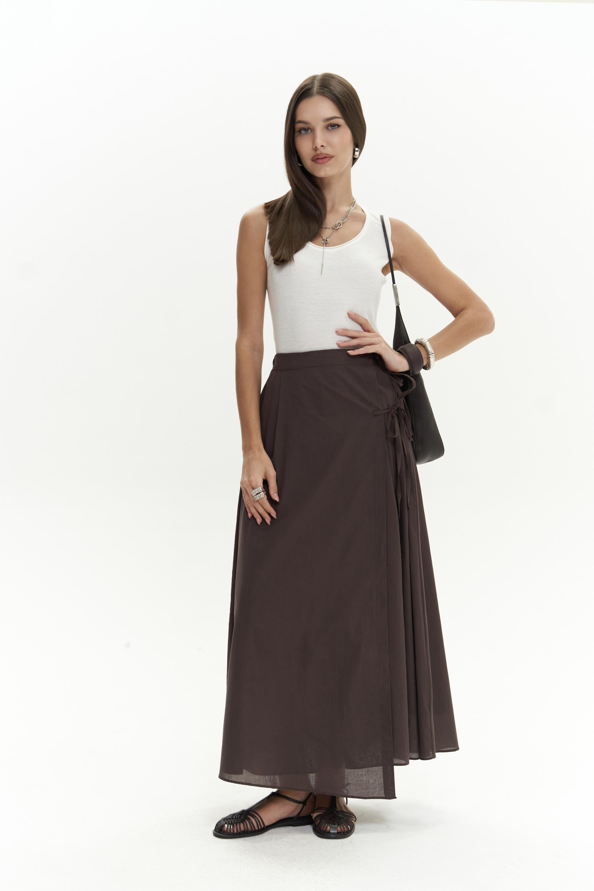 Aida İp Detay Pileli Kahve Etek