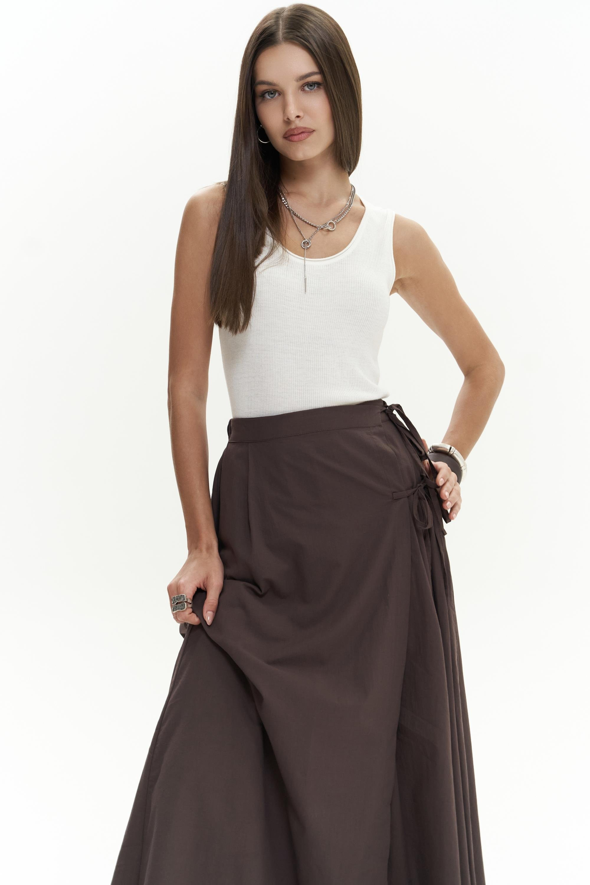 Aida İp Detay Pileli Kahve Etek