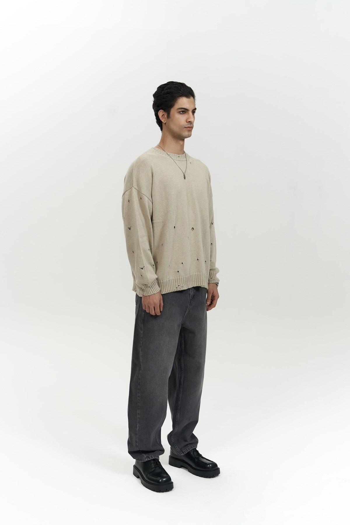 Alec Fitilli Yırtık Detay Bej Erkek Triko Kazak