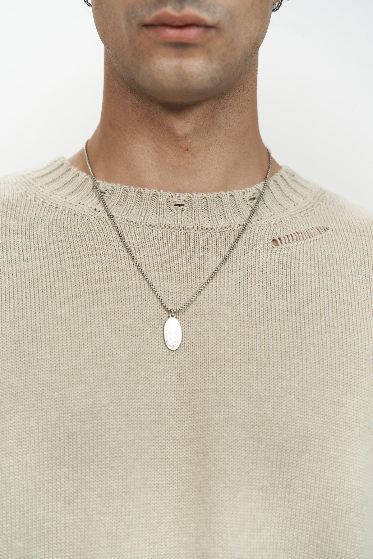 Alec Fitilli Yırtık Detay Bej Erkek Triko Kazak