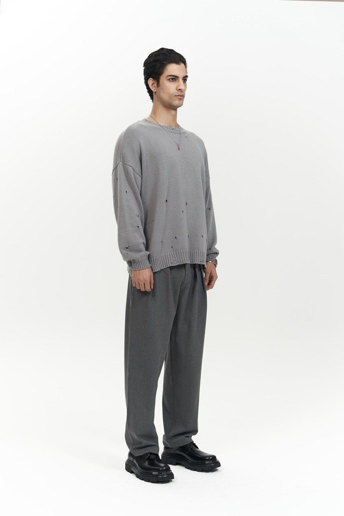 Alec Men's Dark Gray Ribbed Knit Sweater with Distressed Details