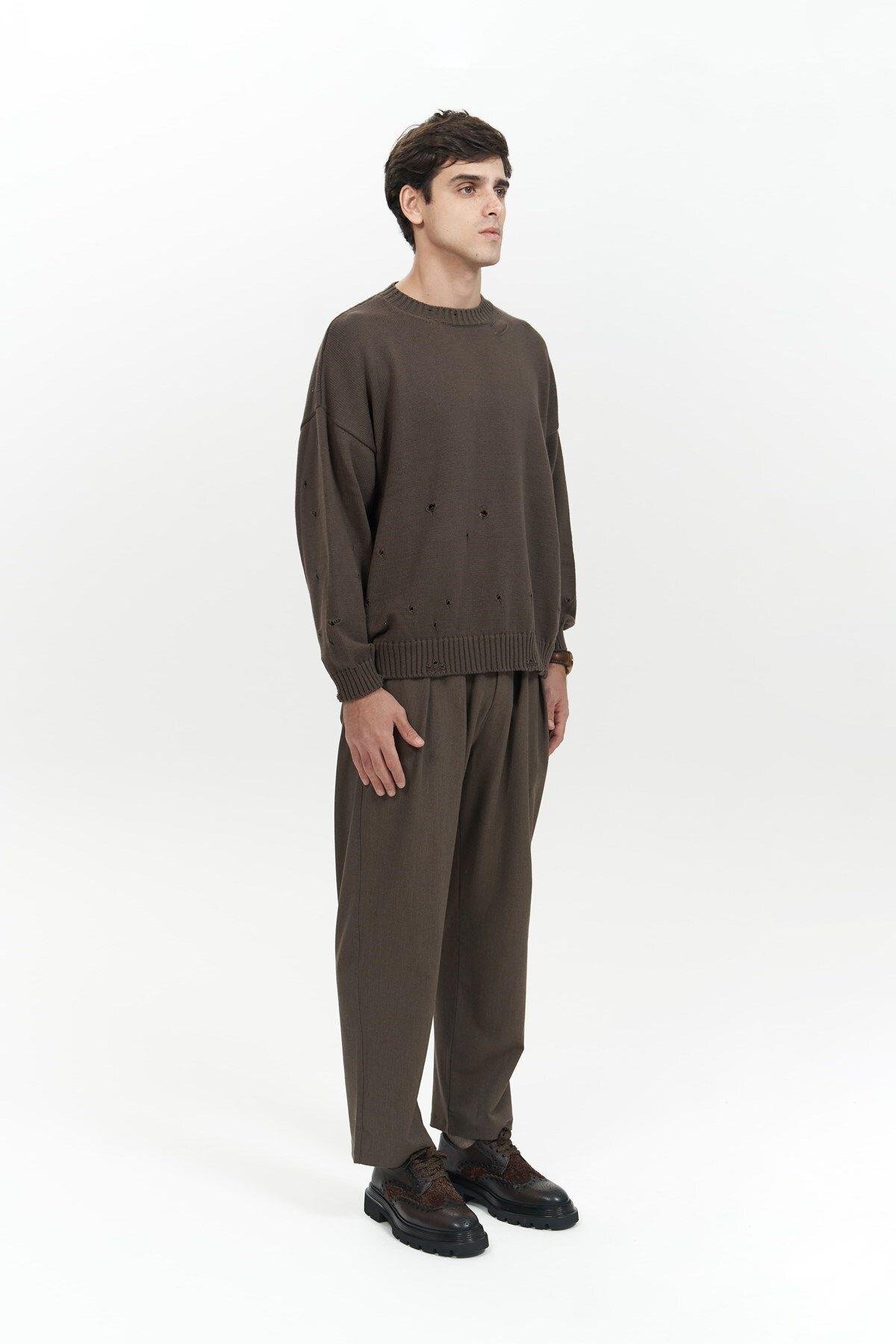 Alec Men's Brown Ribbed Knit Sweater with Distressed Details