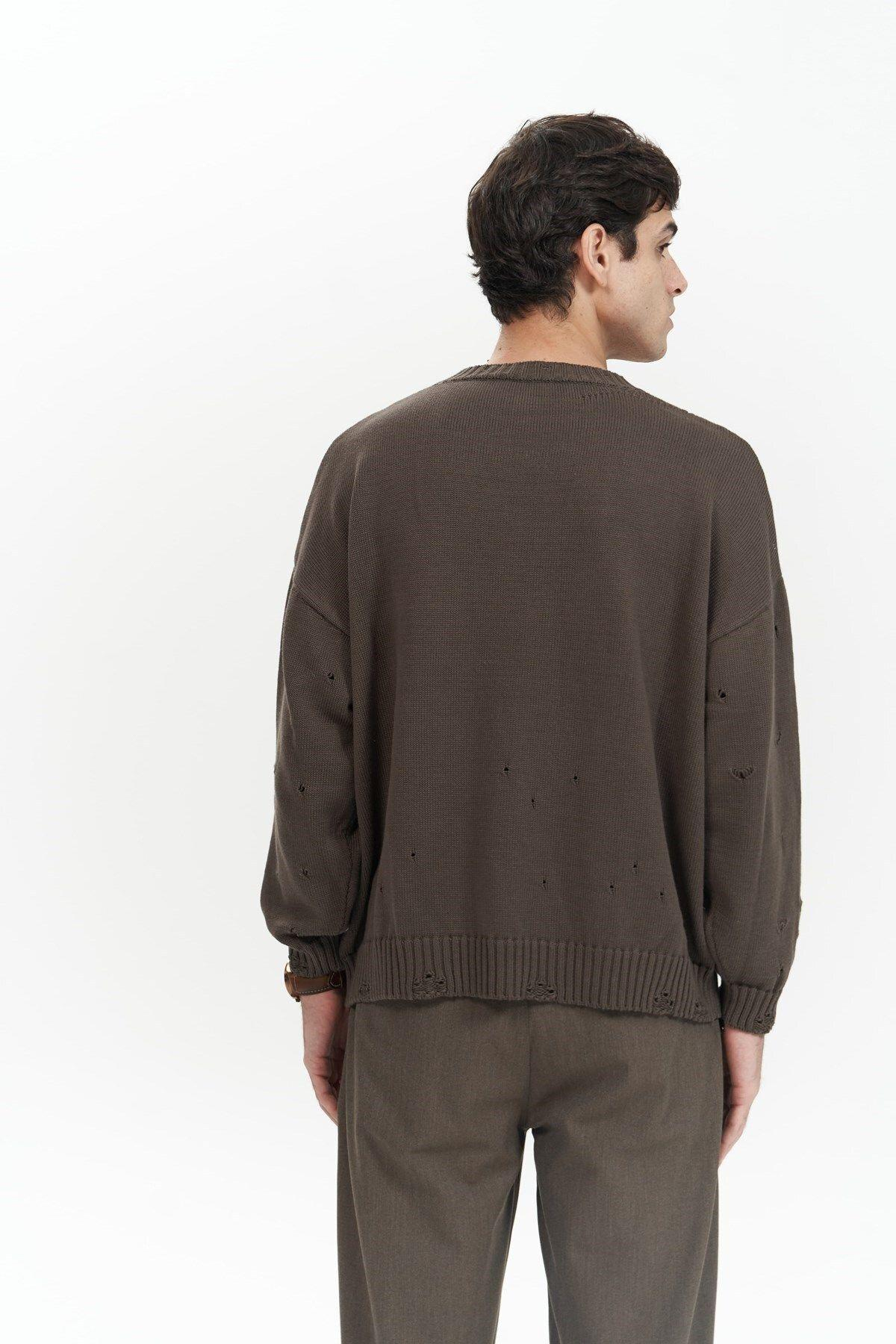 Alec Men's Brown Ribbed Knit Sweater with Distressed Details