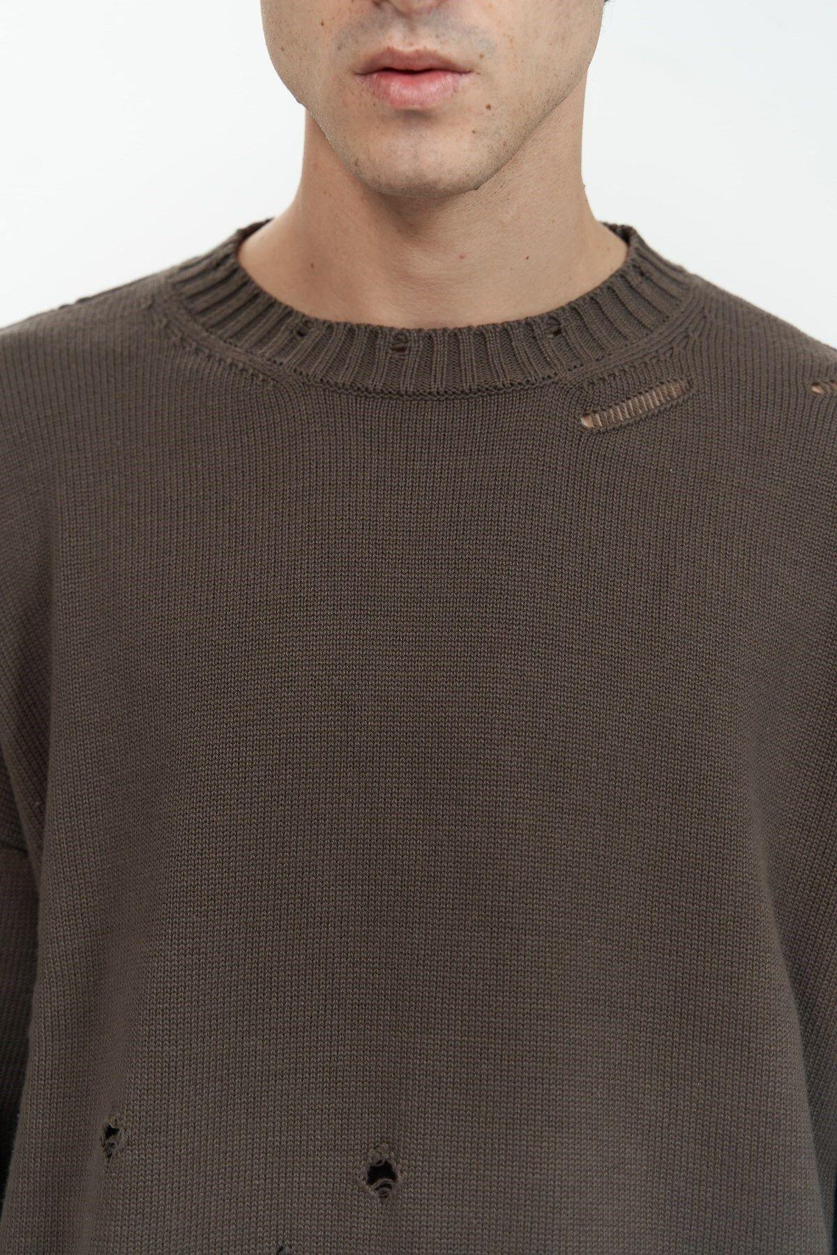 Alec Men's Brown Ribbed Knit Sweater with Distressed Details