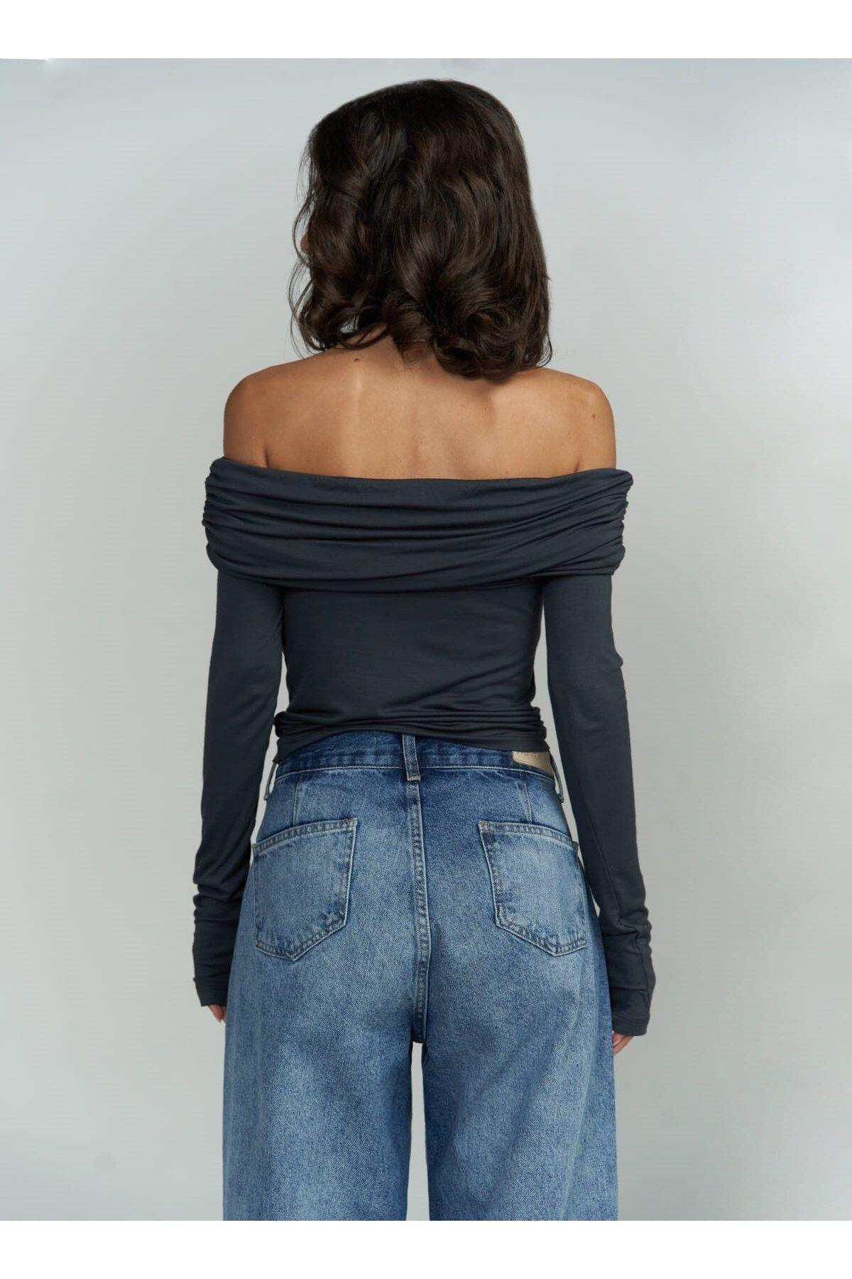 Alonzo Carmen Yaka Uzun Kollu Antrasit Bluz