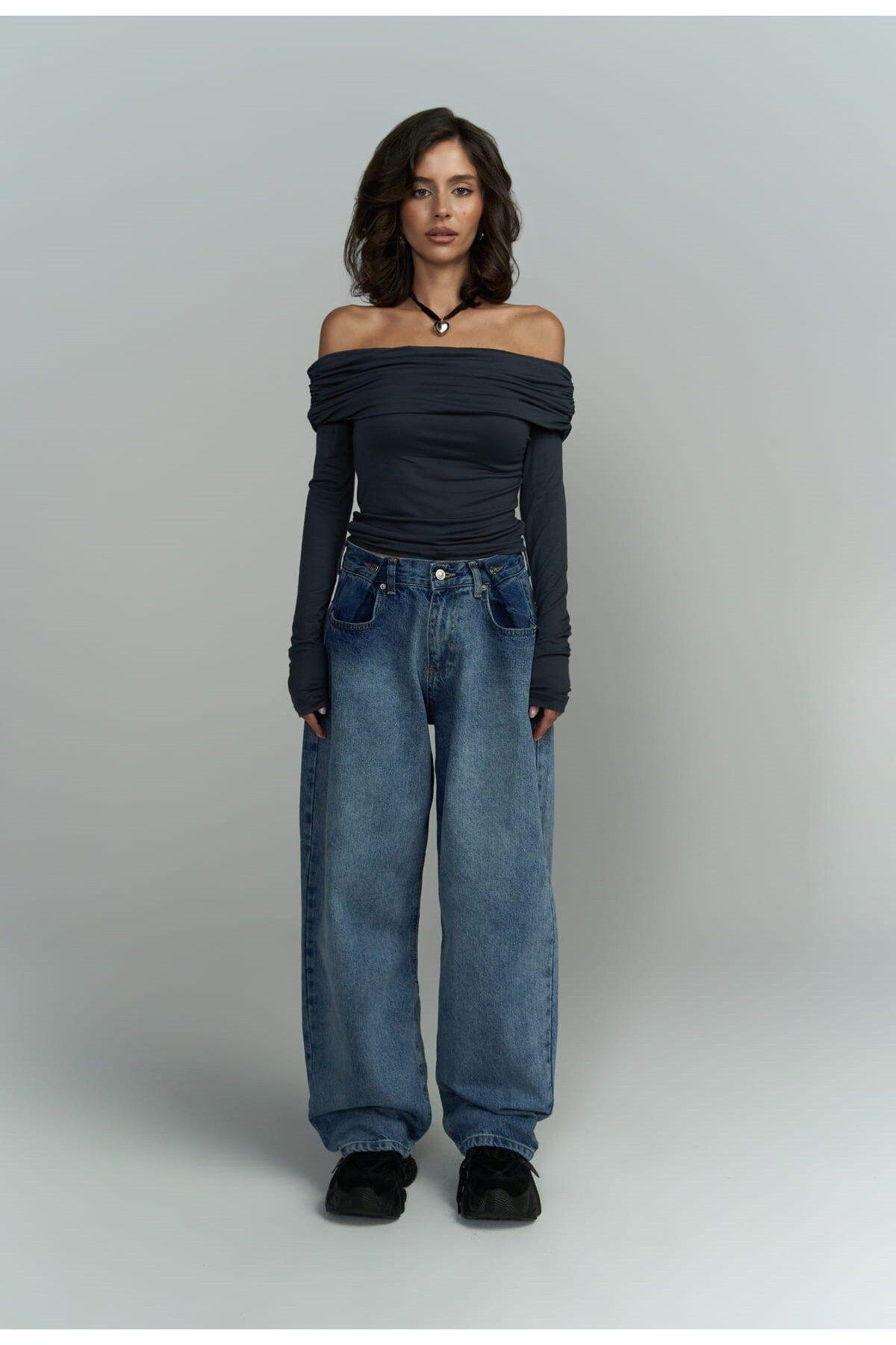 Alonzo Carmen Yaka Uzun Kollu Antrasit Bluz