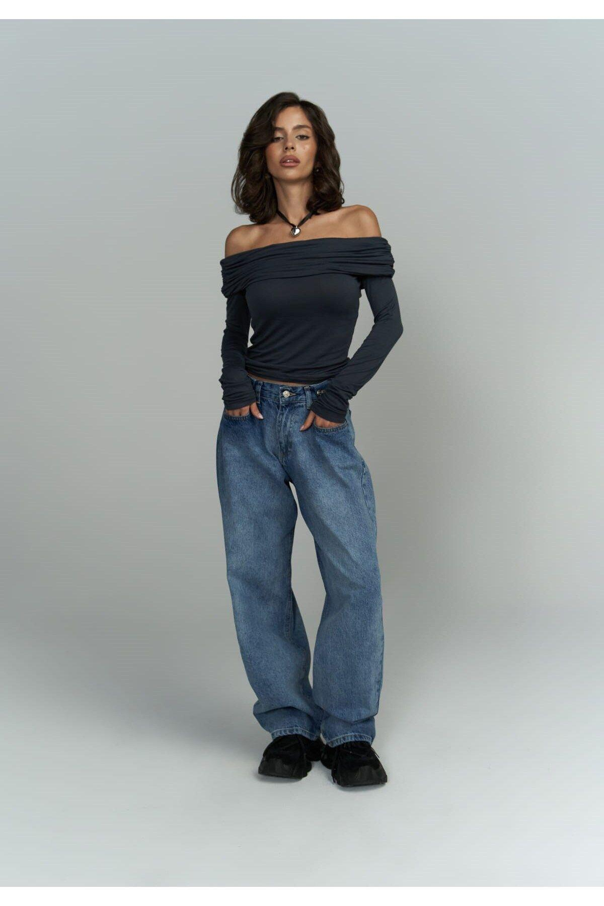 Alonzo Carmen Yaka Uzun Kollu Antrasit Bluz