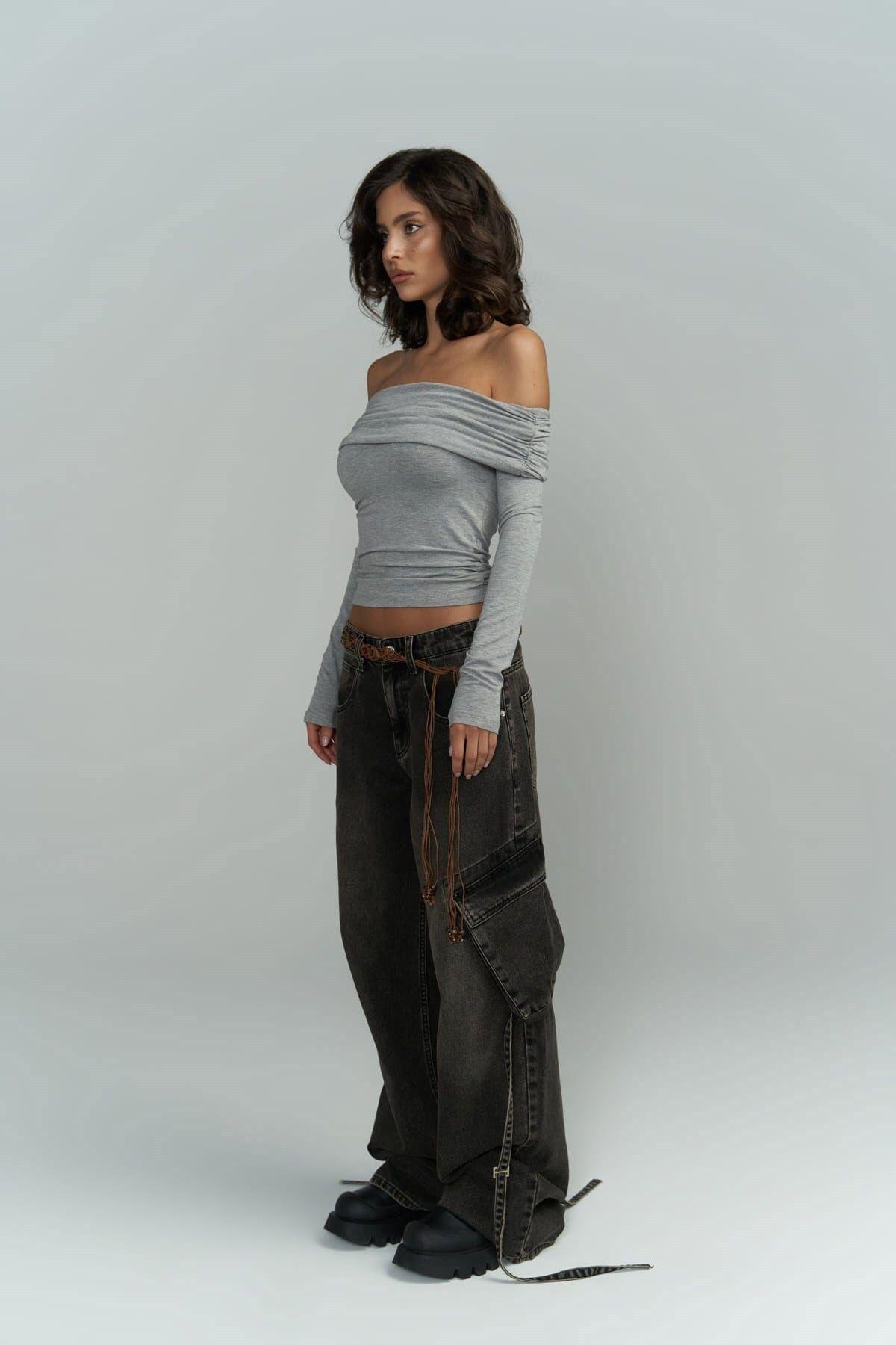 Alonzo Carmen Neckline Long Sleeve Gray Blouse