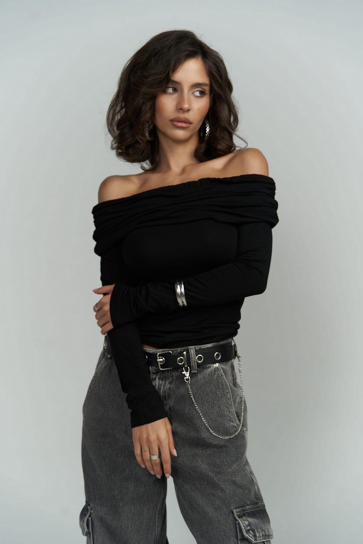 Alonzo Carmen Neckline Long Sleeve Black Blouse