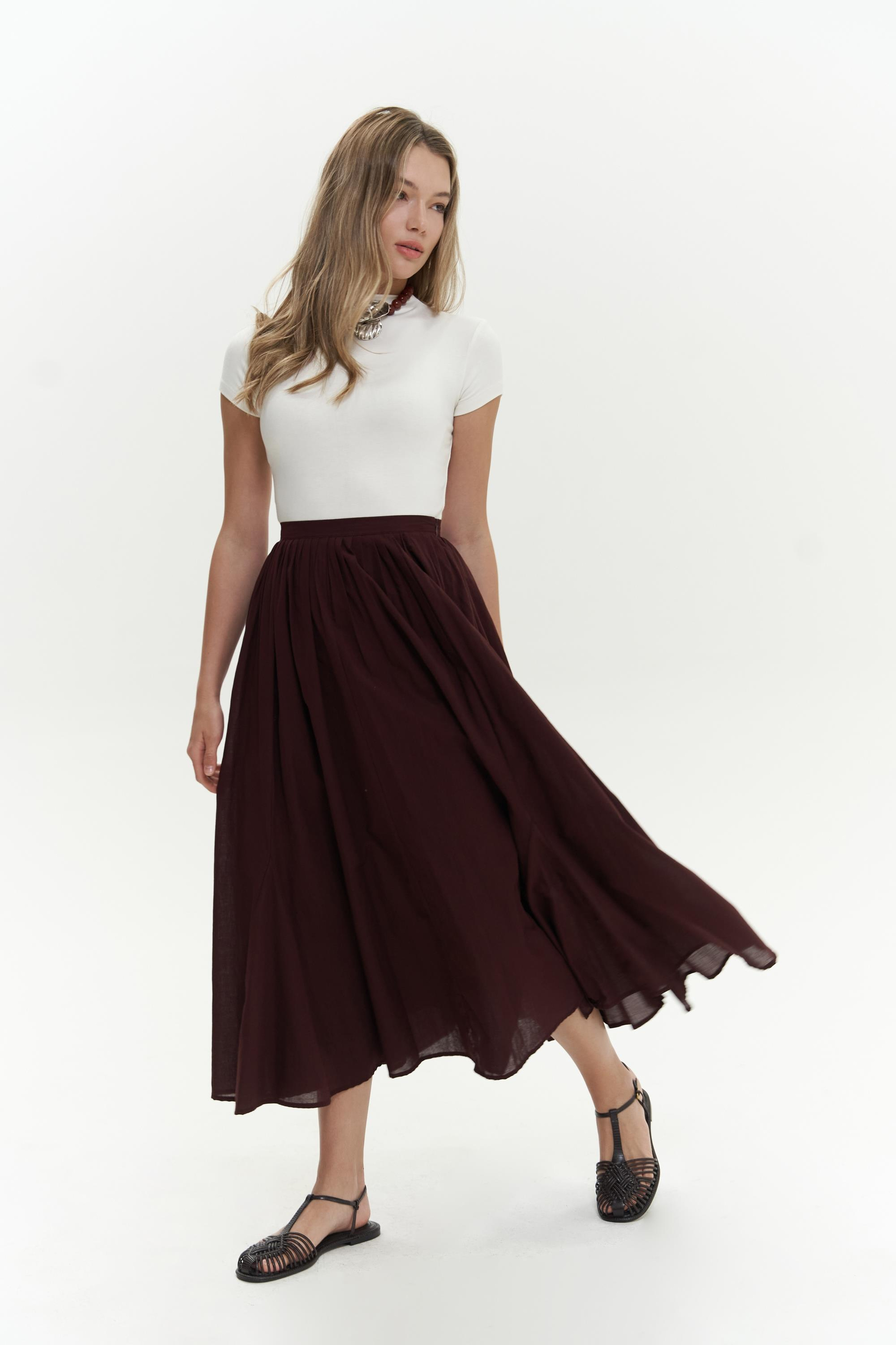 Amaya Pleated Burgundy Midi Skirt