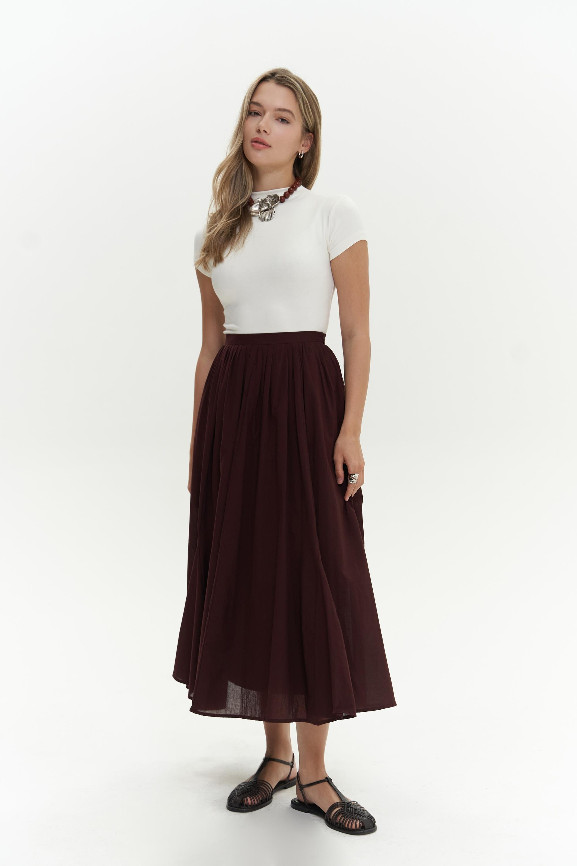 Amaya Pleated Burgundy Midi Skirt